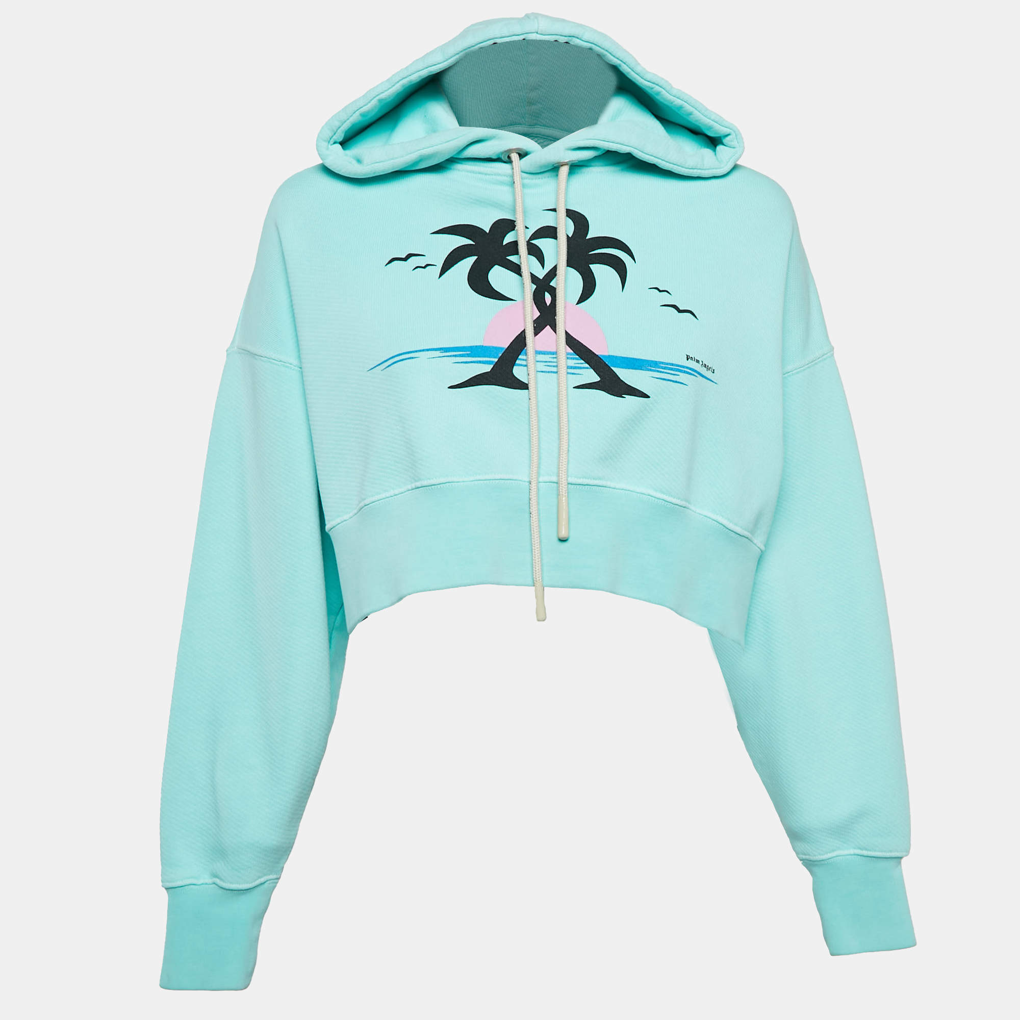 Palm Angels Seafoam Green Hugging Palms Print Cotton Crop Hoodie XS