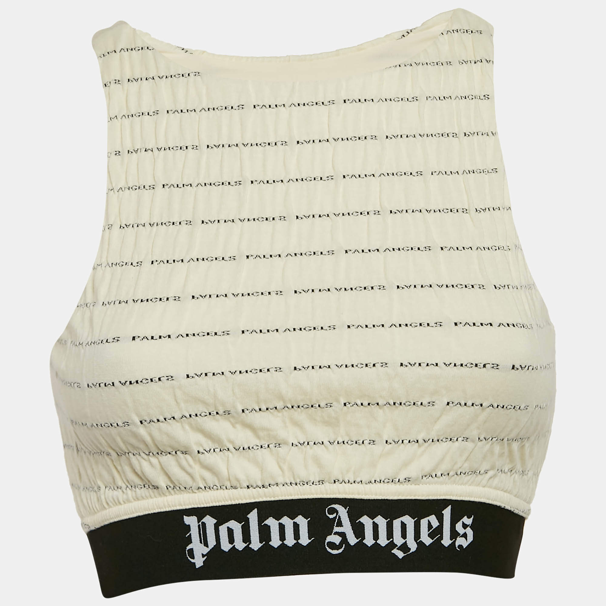 Palm Angels Cream Logo Print Crinkled Jersey Crop Top M