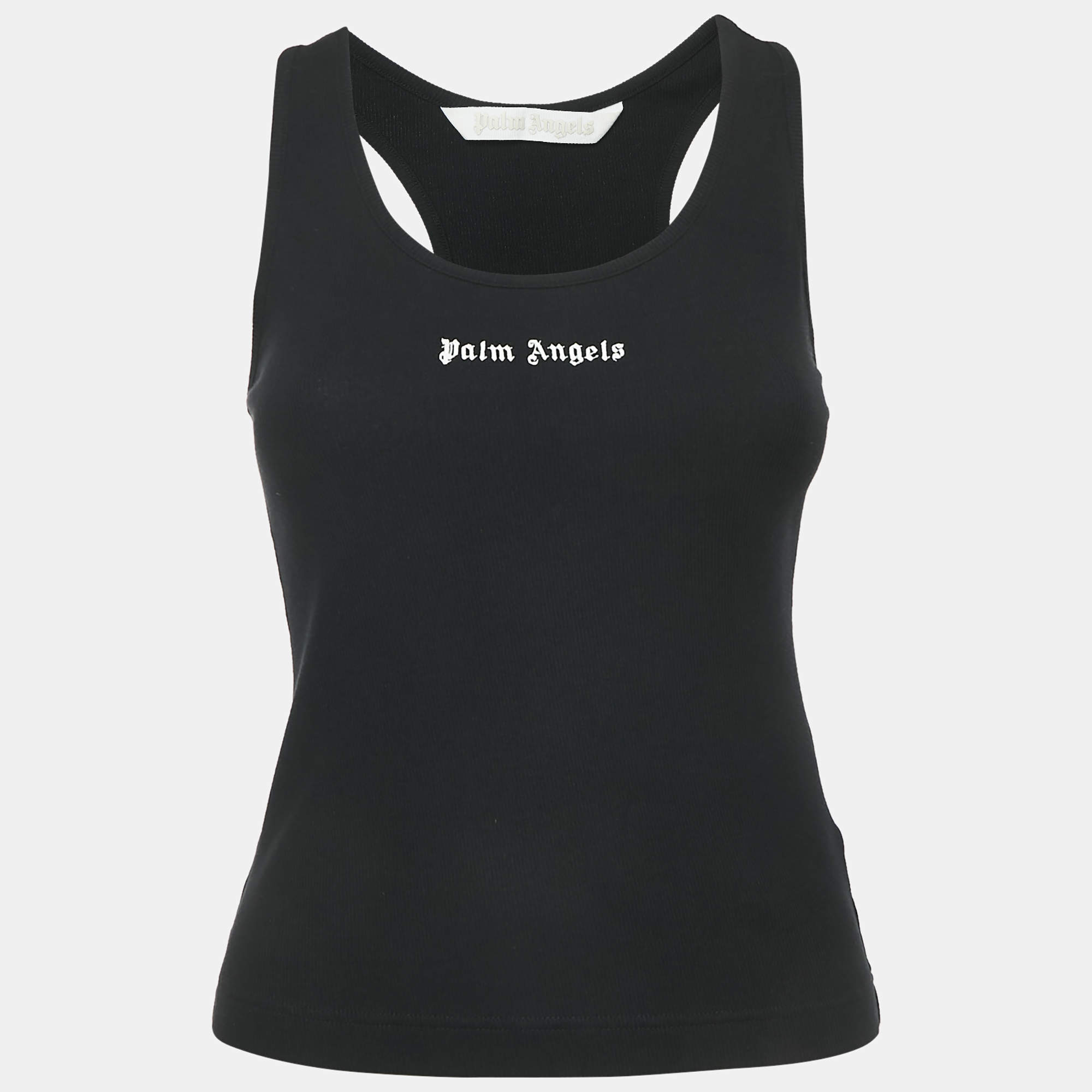 Palm Angels Black Logo Print Rib Knit Tank Top XS