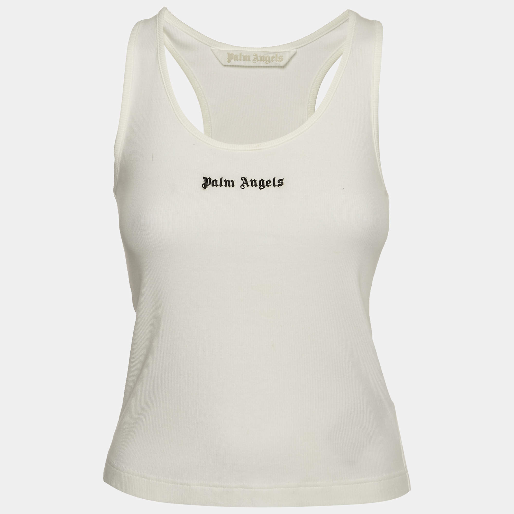 Palm Angels White Logo Print Rib Knit Tank Top XS