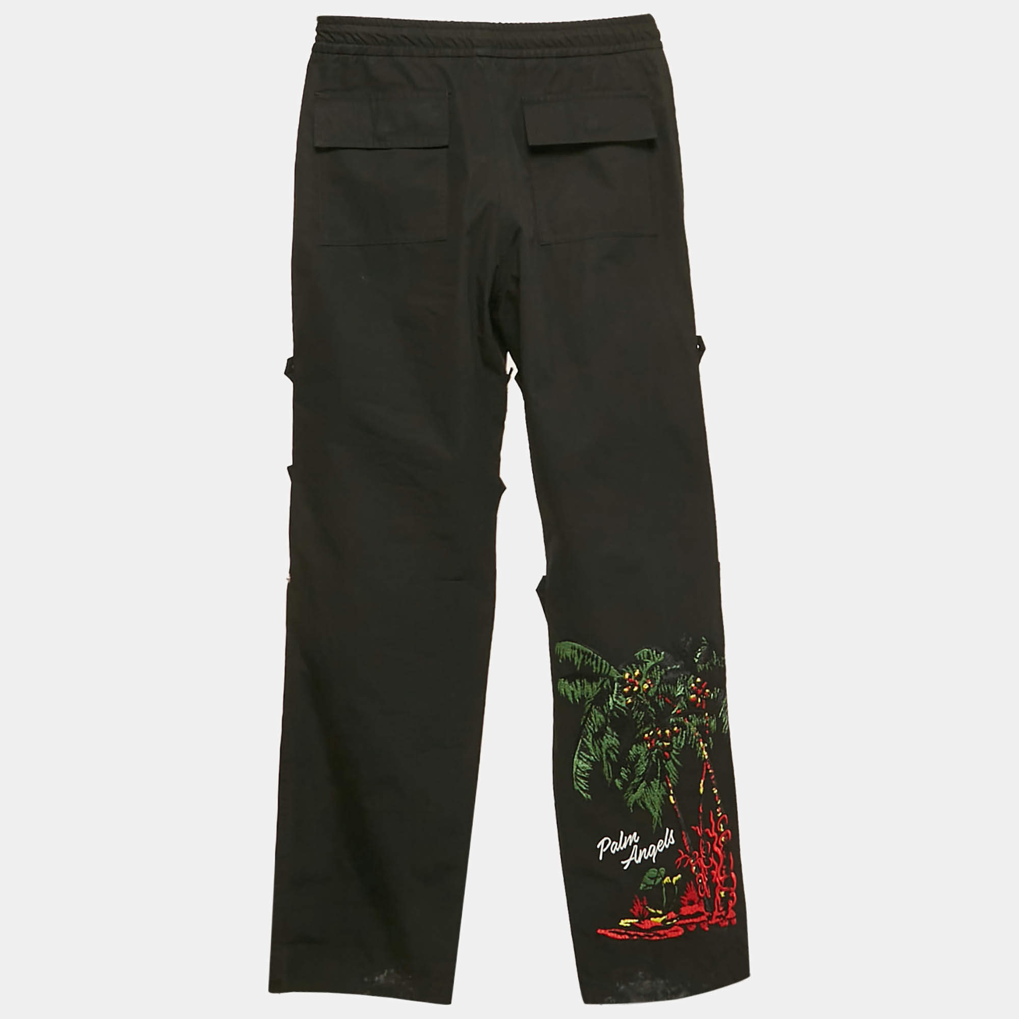 Palm Angels Black Embroidered Cotton Upside Down Palm Trousers S