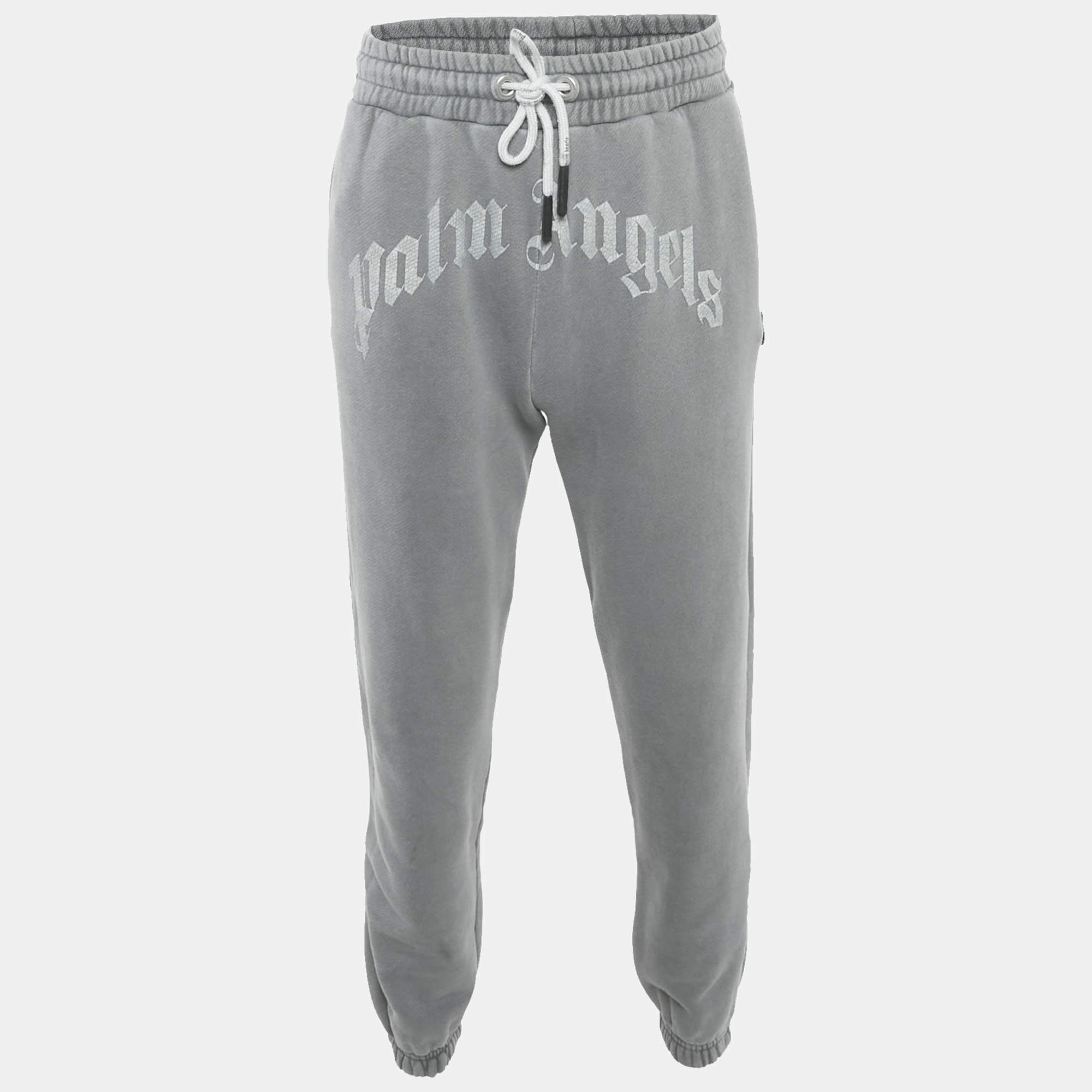 Pre Owned Palm Angels Grey Logo Print Cotton Knit Joggers S