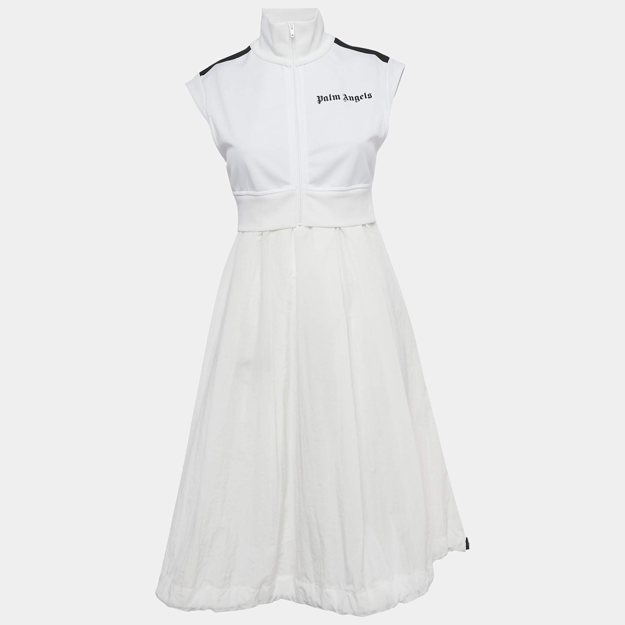 Pre Owned Palm Angels White Logo Print Jersey and Nylon Midi Dress S
