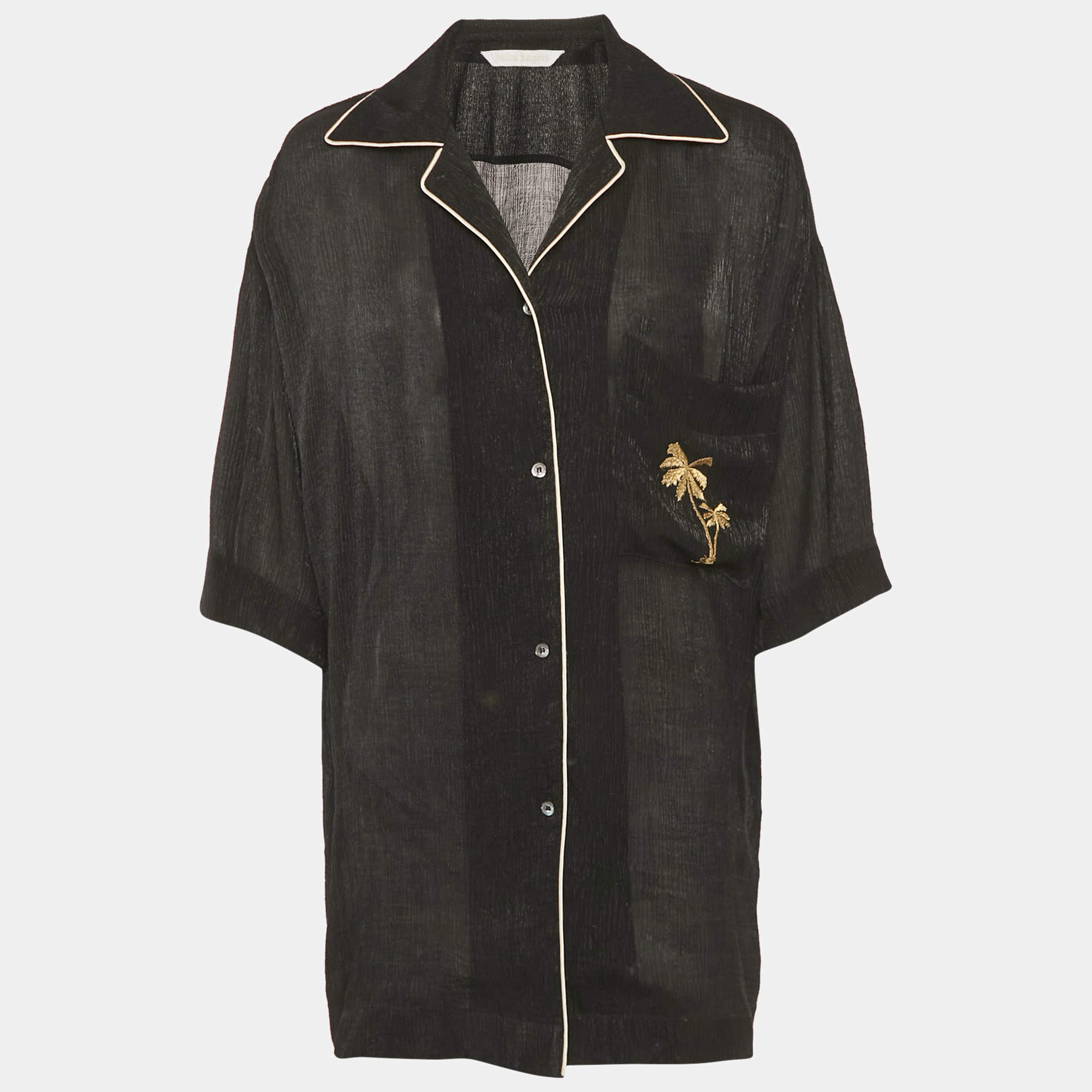 Pre Owned Palm Angels Black Embroidered Crepe Sheer Soiree Pajama Bowling Shirt M