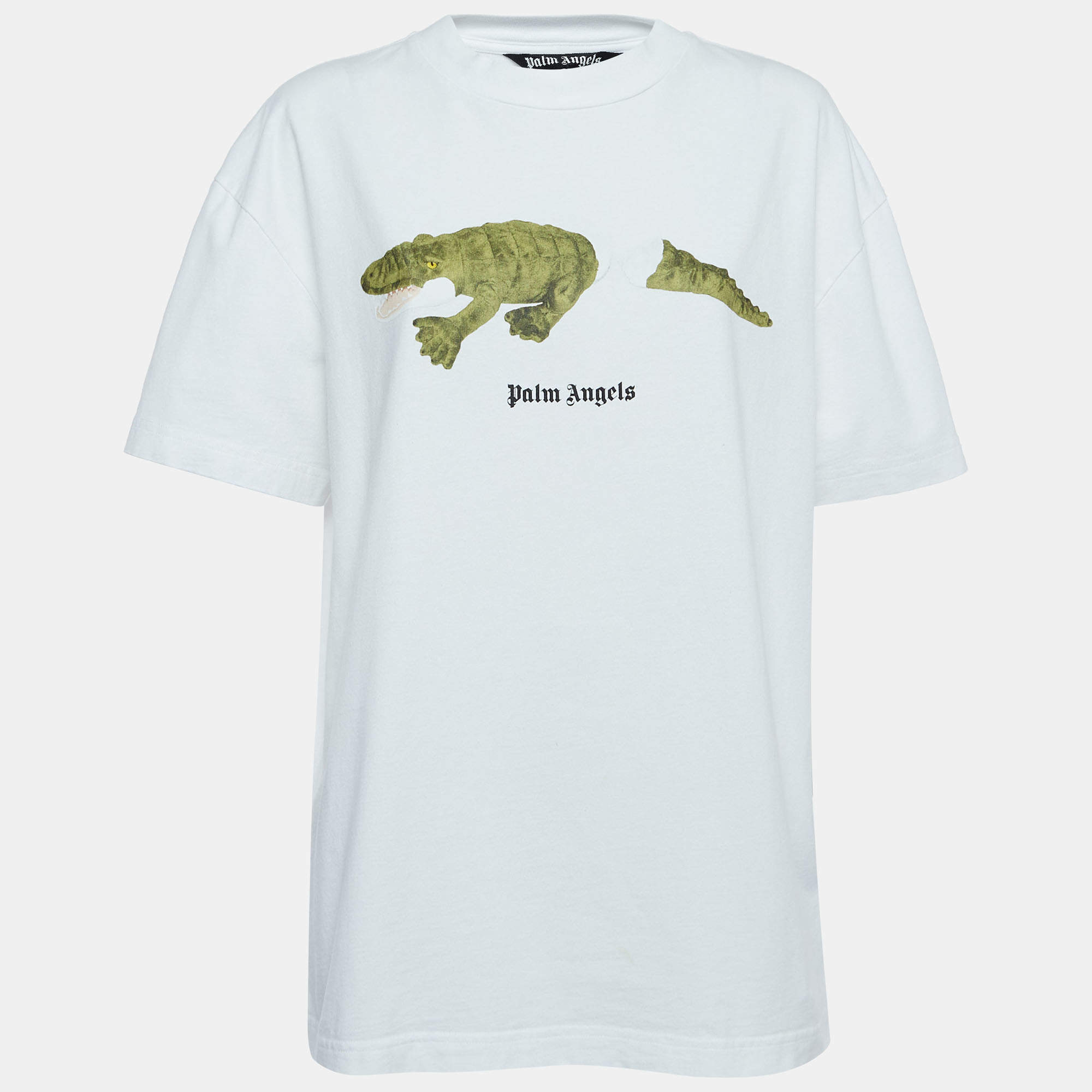 Pre Owned Palm Angels White Crocodile Logo Print Crew Neck T-Shirt L