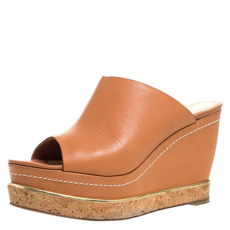 Paloma Barcelo Tan Leather Mule Platform Wedge Sandals Size 39