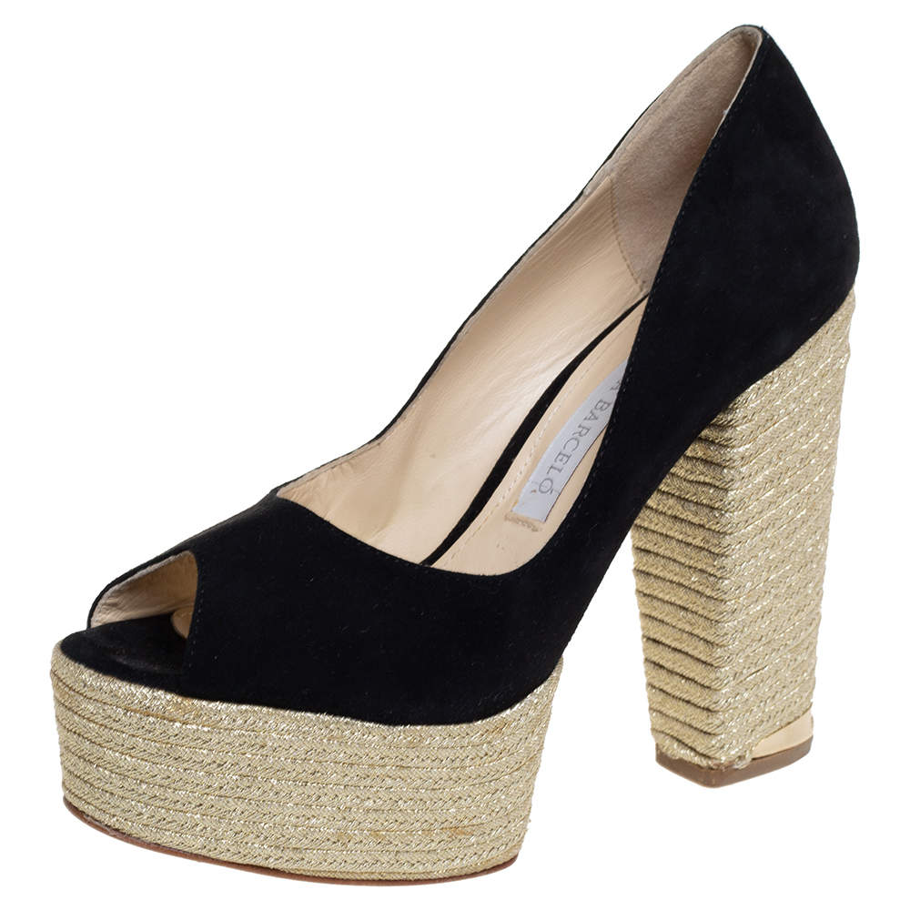 Paloma Barceló Black Suede Espadrilles Peep Toe Wedge Pumps Size 38