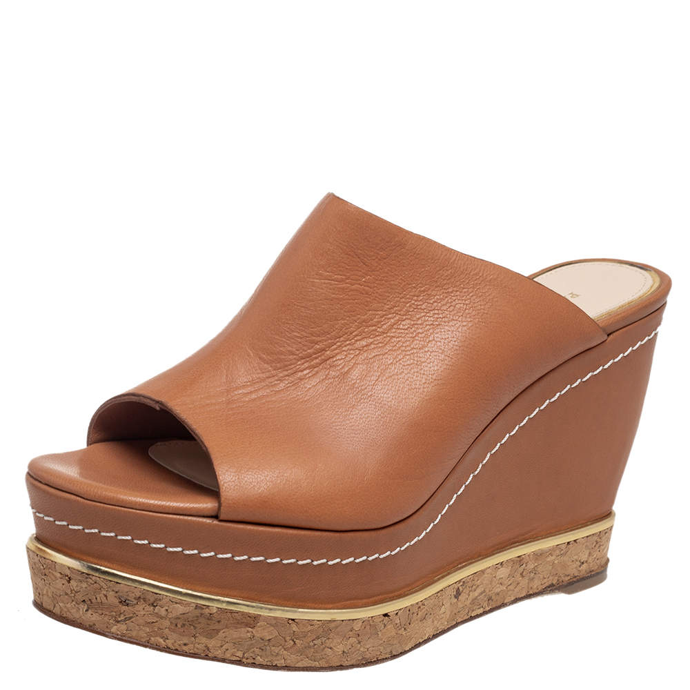Paloma Barcelo Tan Leather Mule Platform Wedge Sandals Size 37