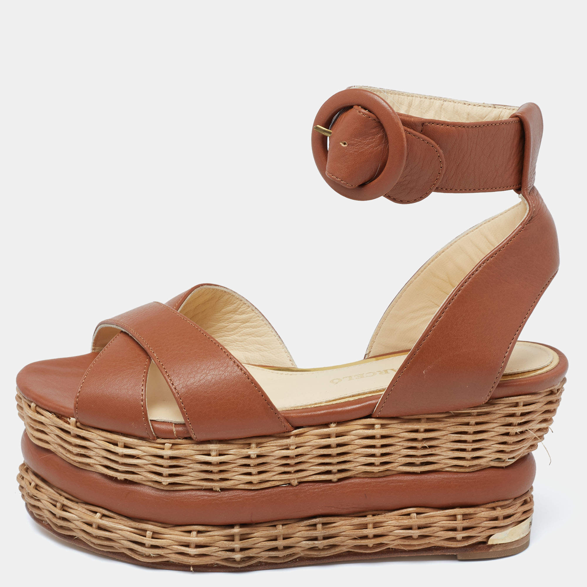 Paloma Barceló Brown Leather Basket Weave Platform Ankle-Strap Sandals Size 35
