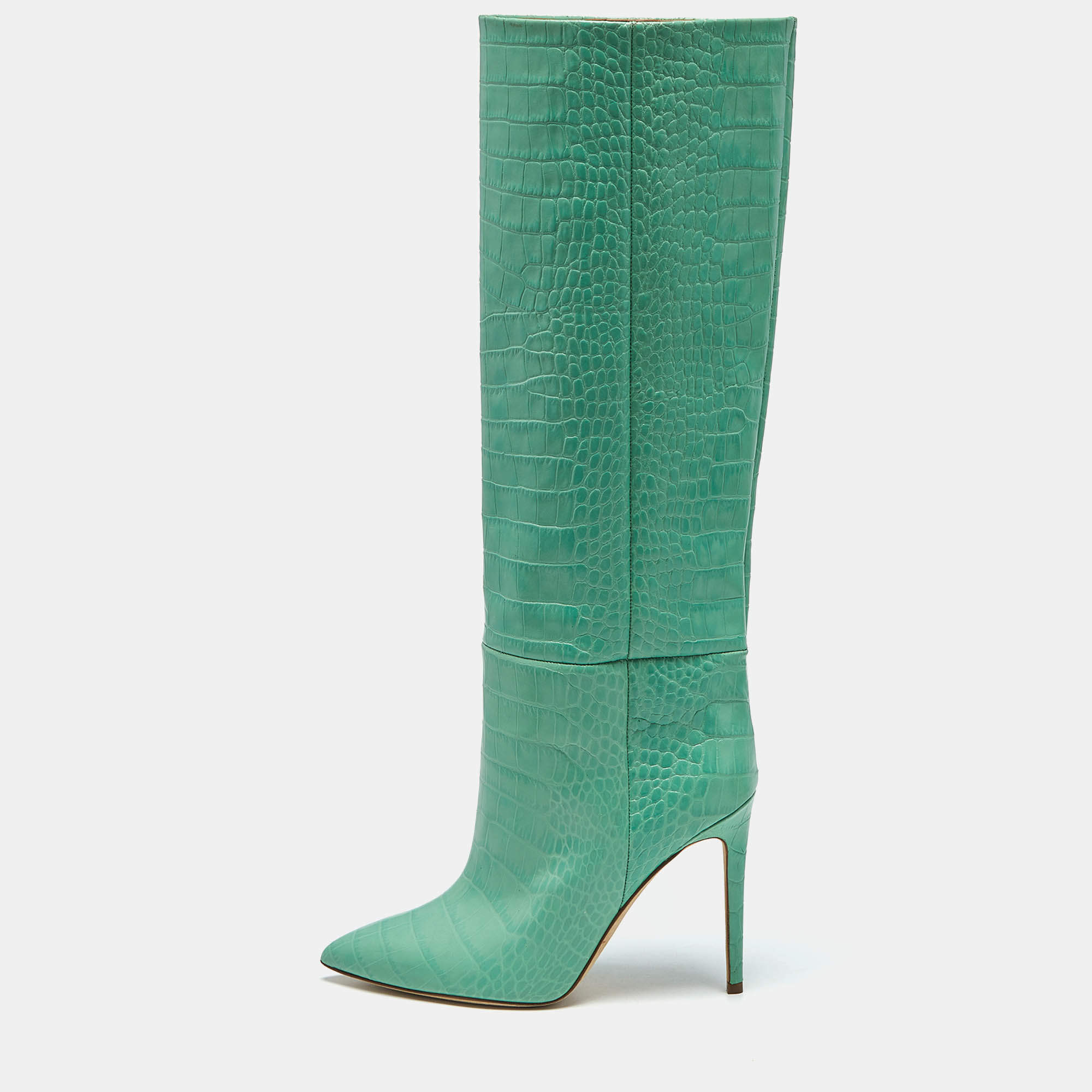 Pre Owned Paris Texas Green Croc Embossed Leather Wasabi Knee Length Boots Size 39