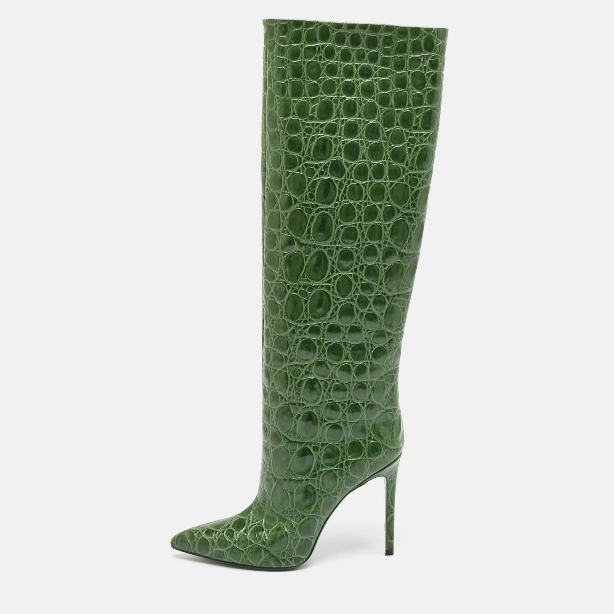 Pre Owned Paris Texas Green Croc Embossed Leather Knee Length Boots Size 39