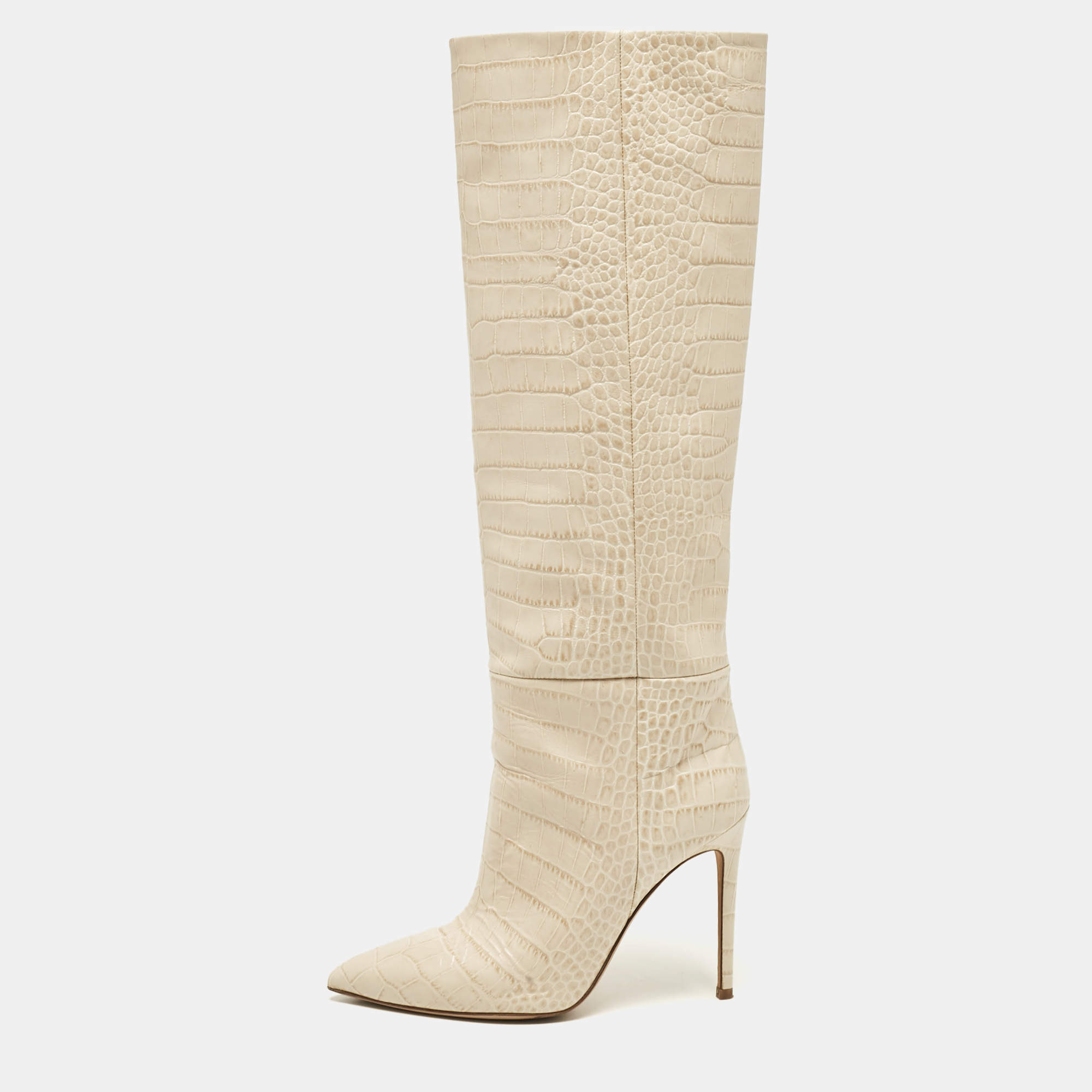 مملوكة مسبقًا Paris Texas Cream Croc Embossed Leather Knee Length Boots Size 38