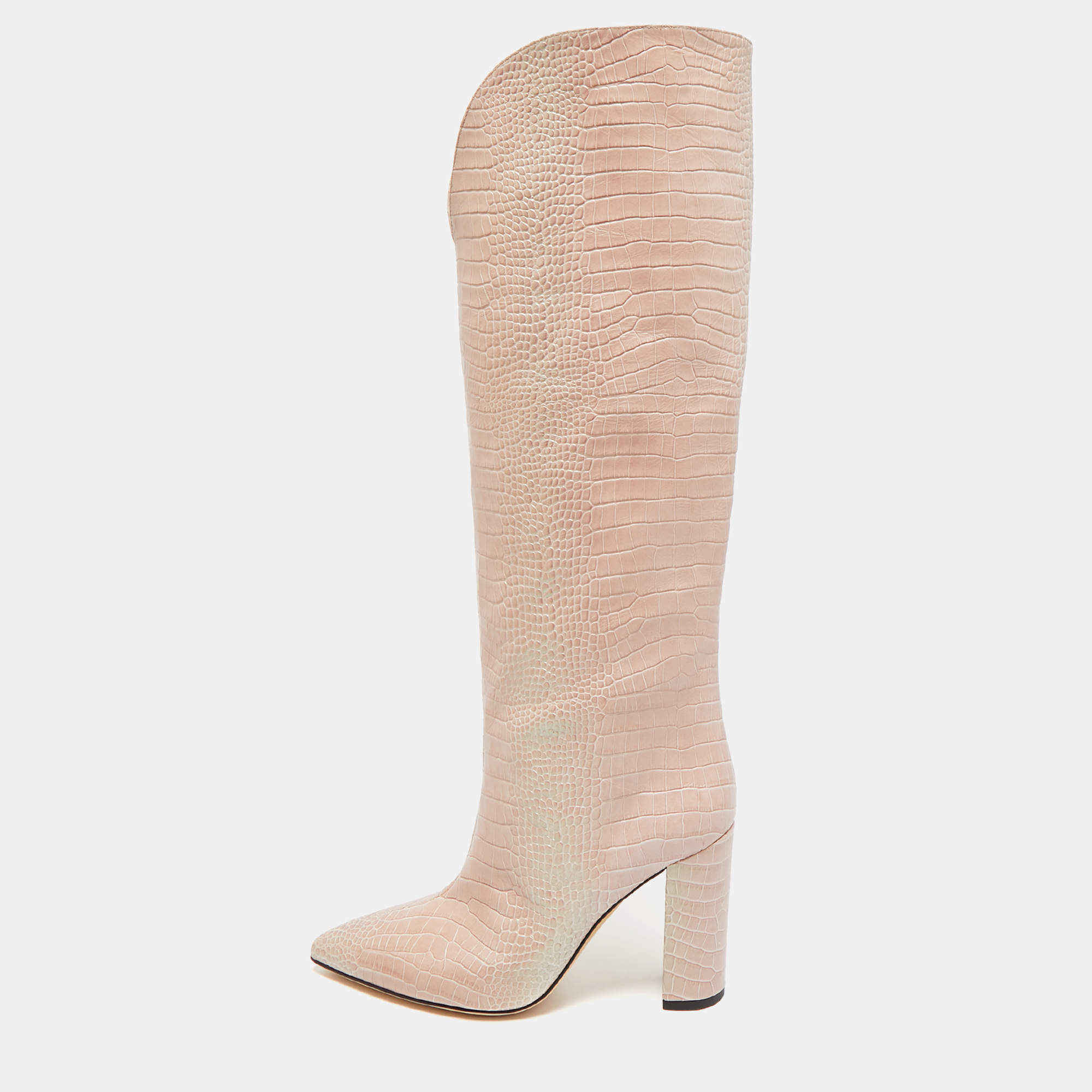 Paris Texas Cream Croc Embossed Leather Knee Length Boots Size 39