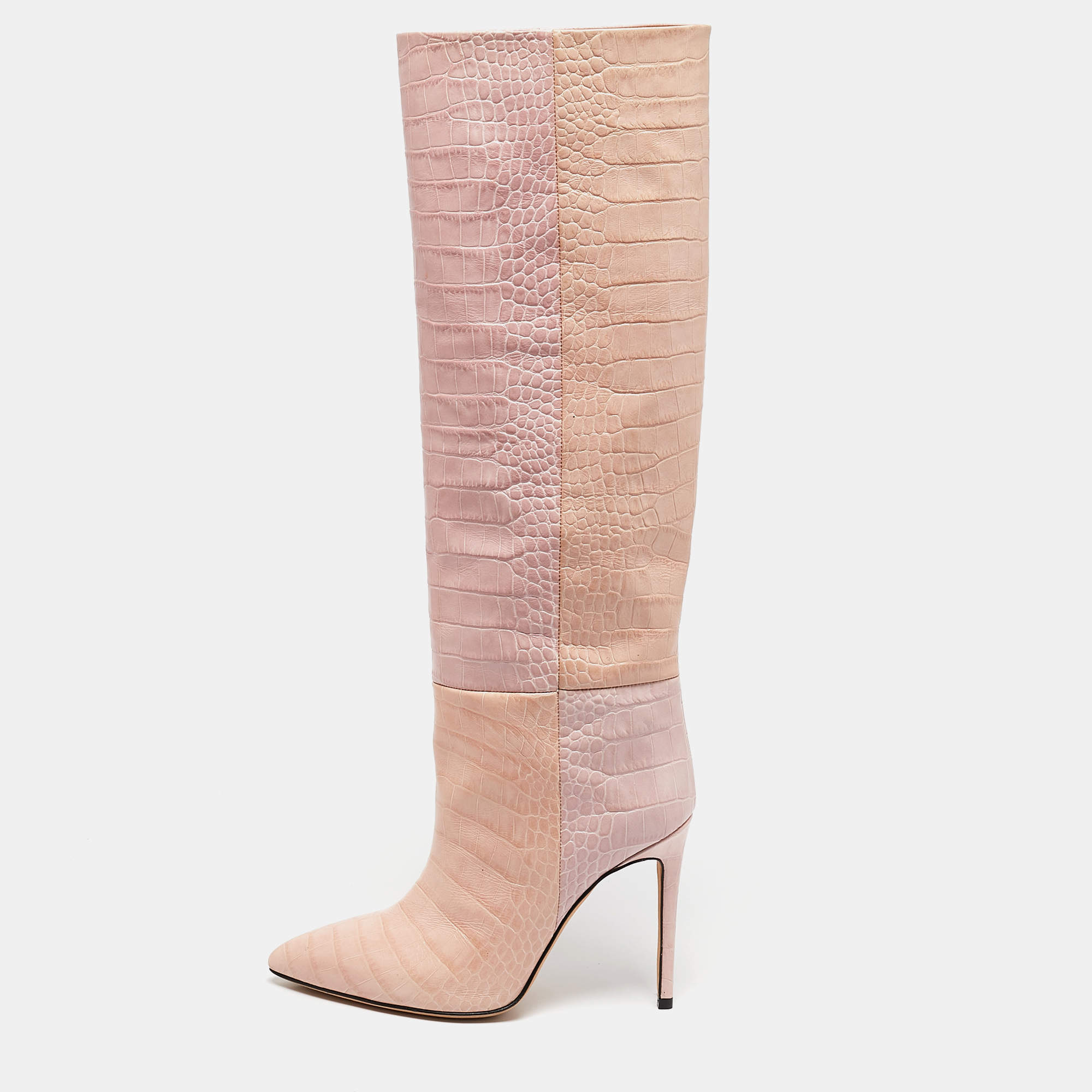 Paris Texas Pink Croc Embossed Leather Knee Length Boots Size 39