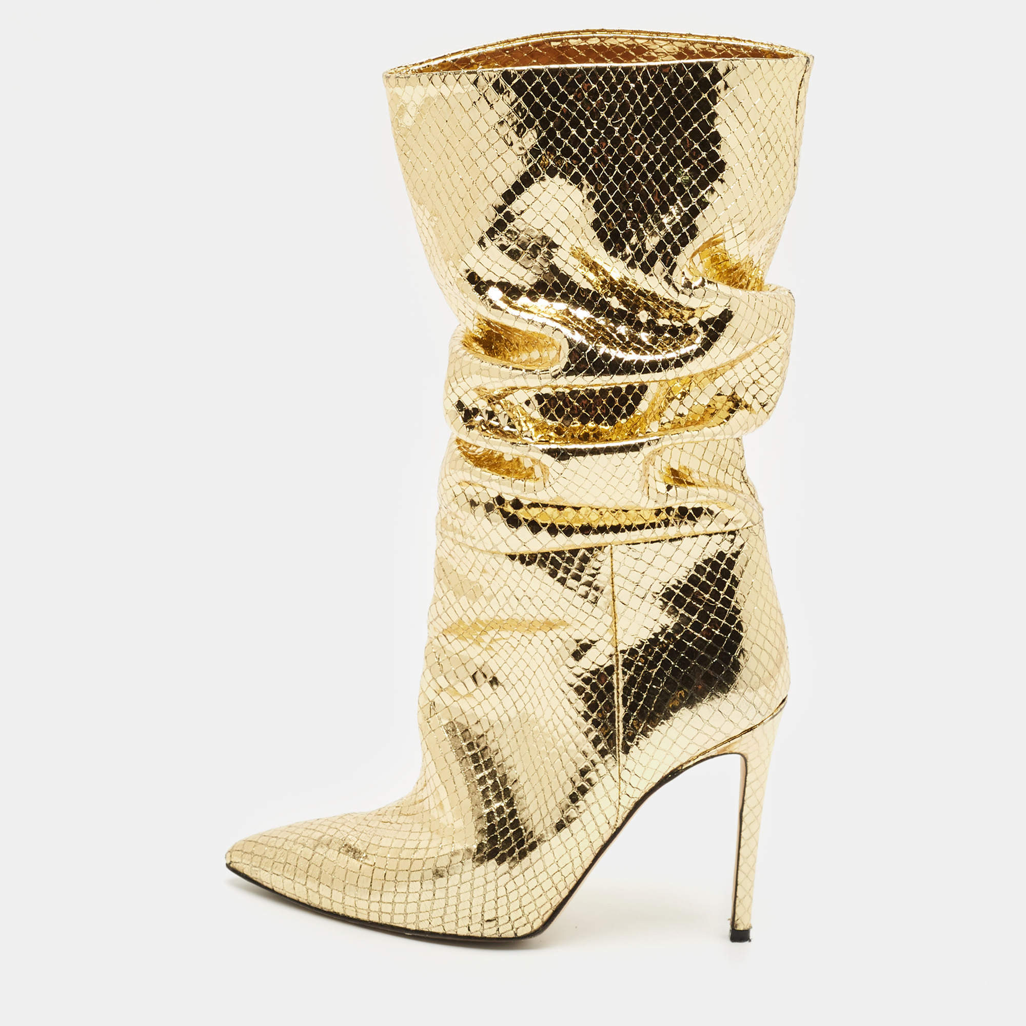 Paris Texas Gold Croc Embossed Leather Slouchy Mid Calf Boots Size 39