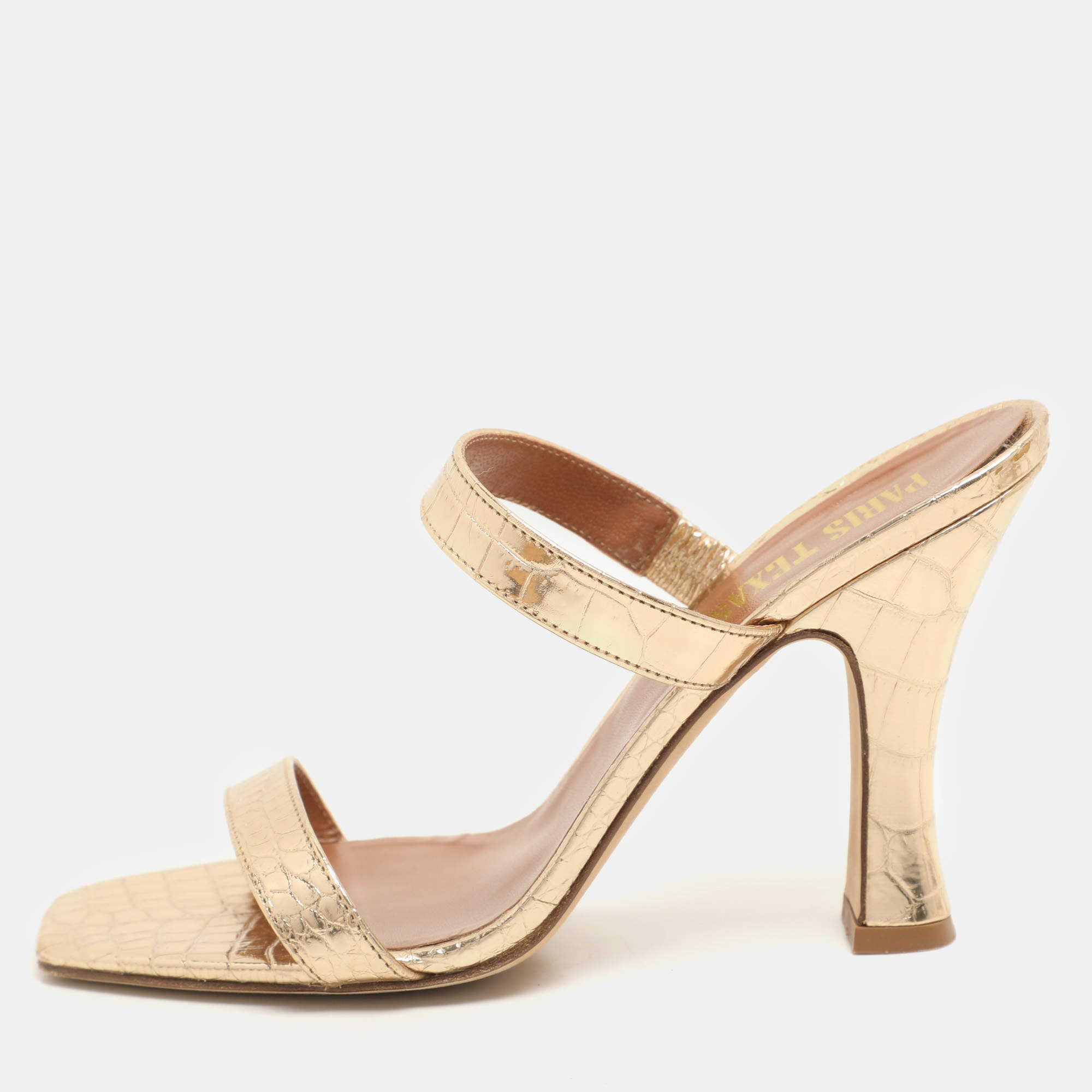 Pre Owned Paris Texas Gold Croc Embossed Leather Slide Sandals Size 36.5