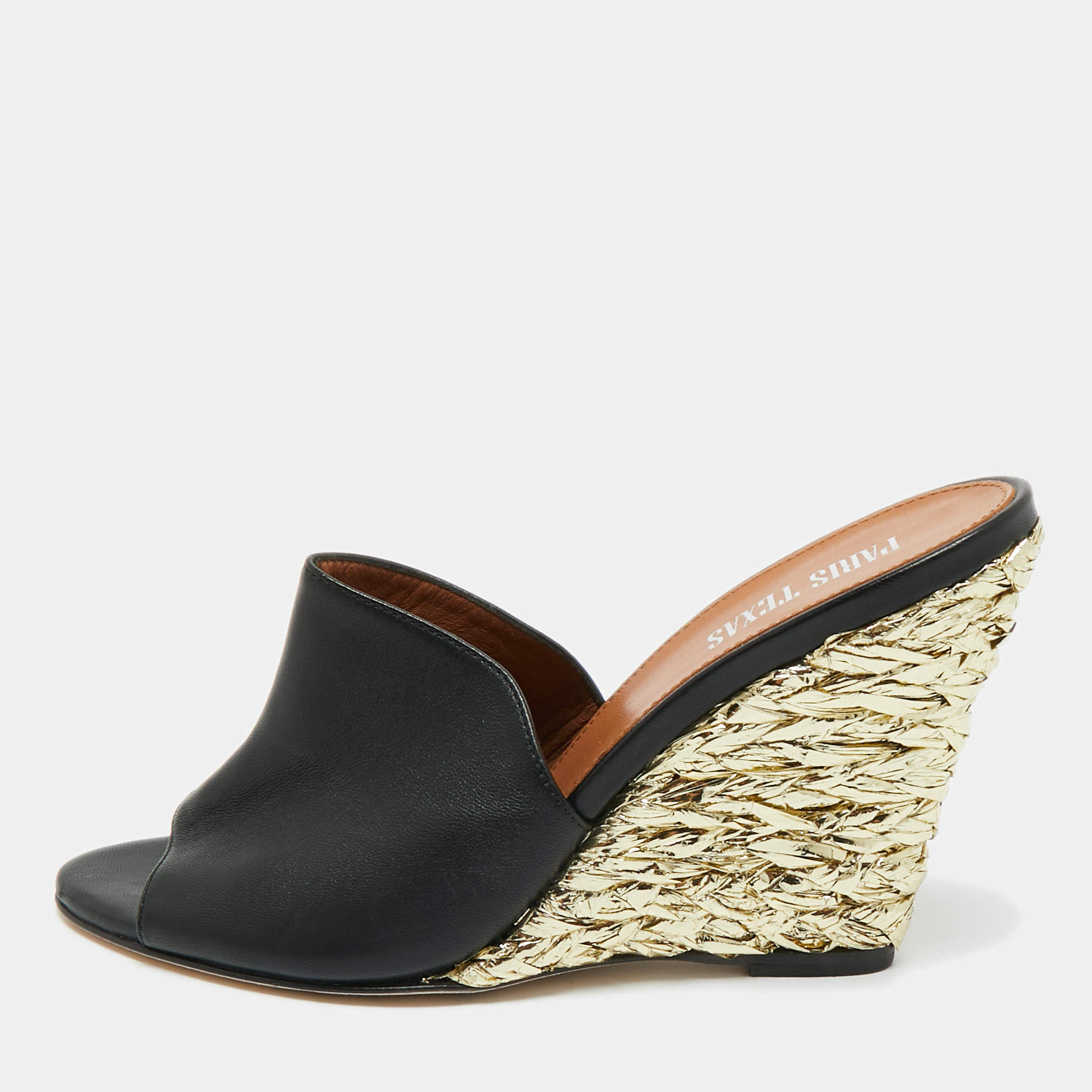 Pre Owned Paris Texas Black Leather Deia Wedge Sandals Size 38.5