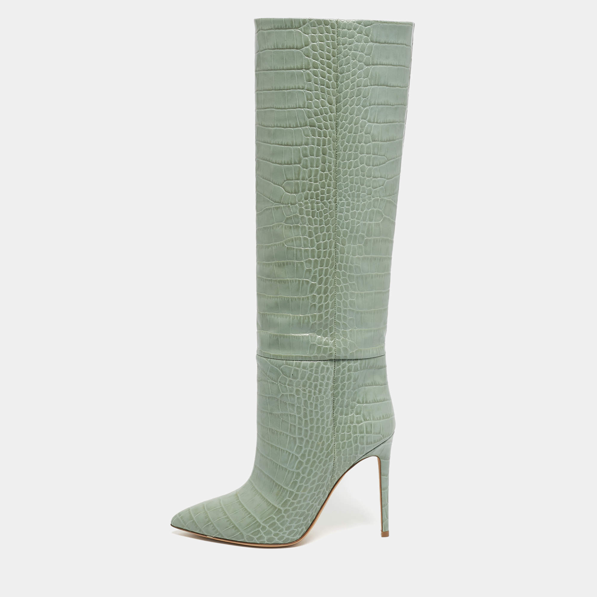 Pre Owned Paris Texas Green Croc Embossed Leather Knee Length Boots Size 39