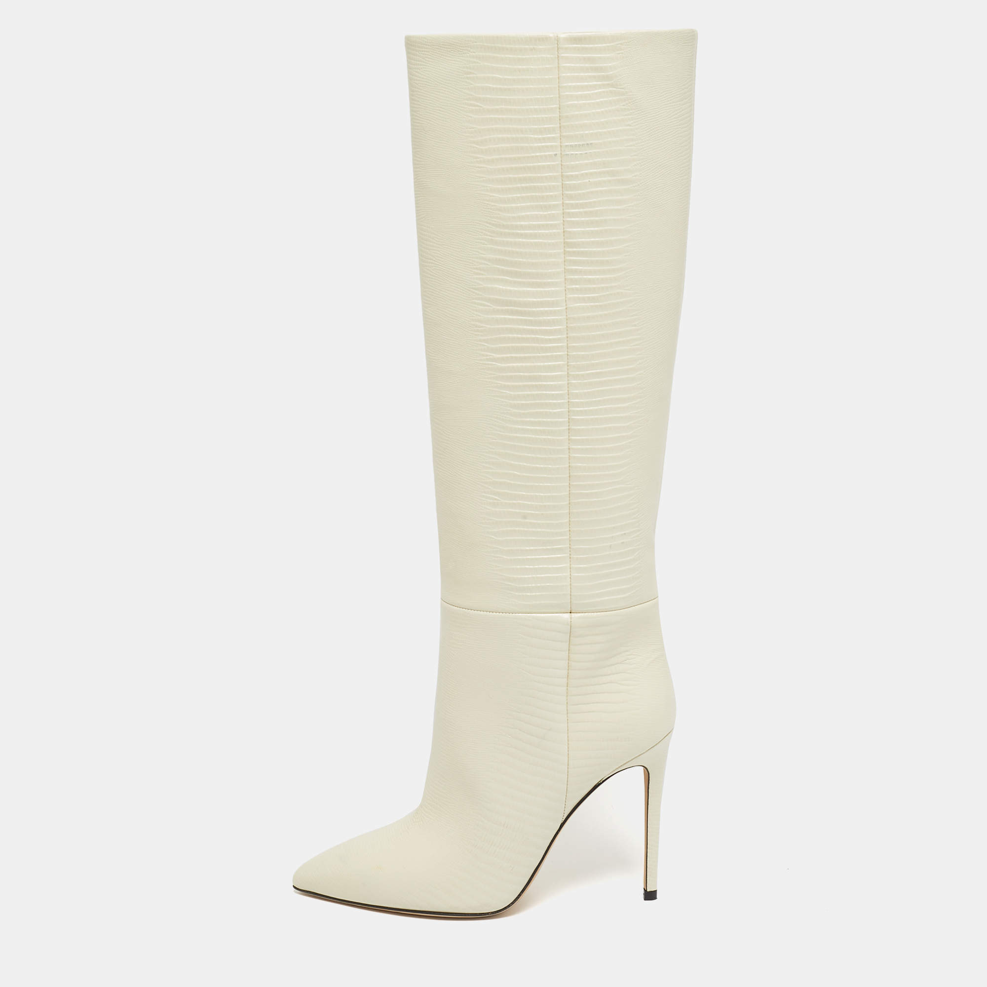 Pre Owned Paris Texas Cream Lizard Embossed Leather Knee Length Boots Size 39