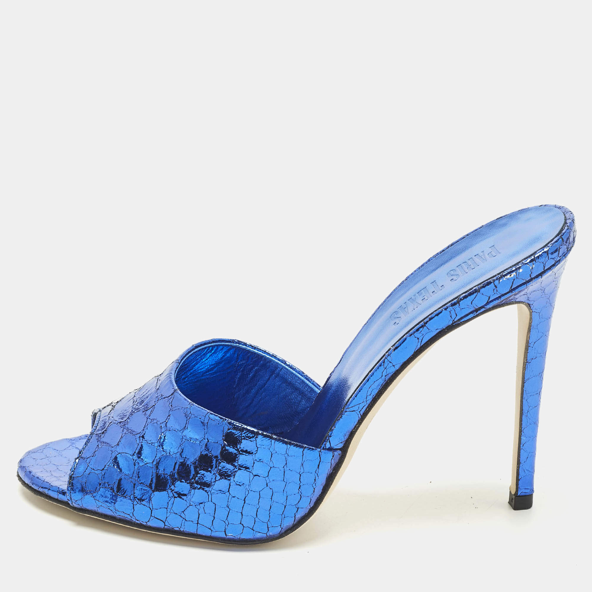 Pre Owned Paris Texas Stiletto Size 38 Blue Croc Embossed Leather Slide Sandals