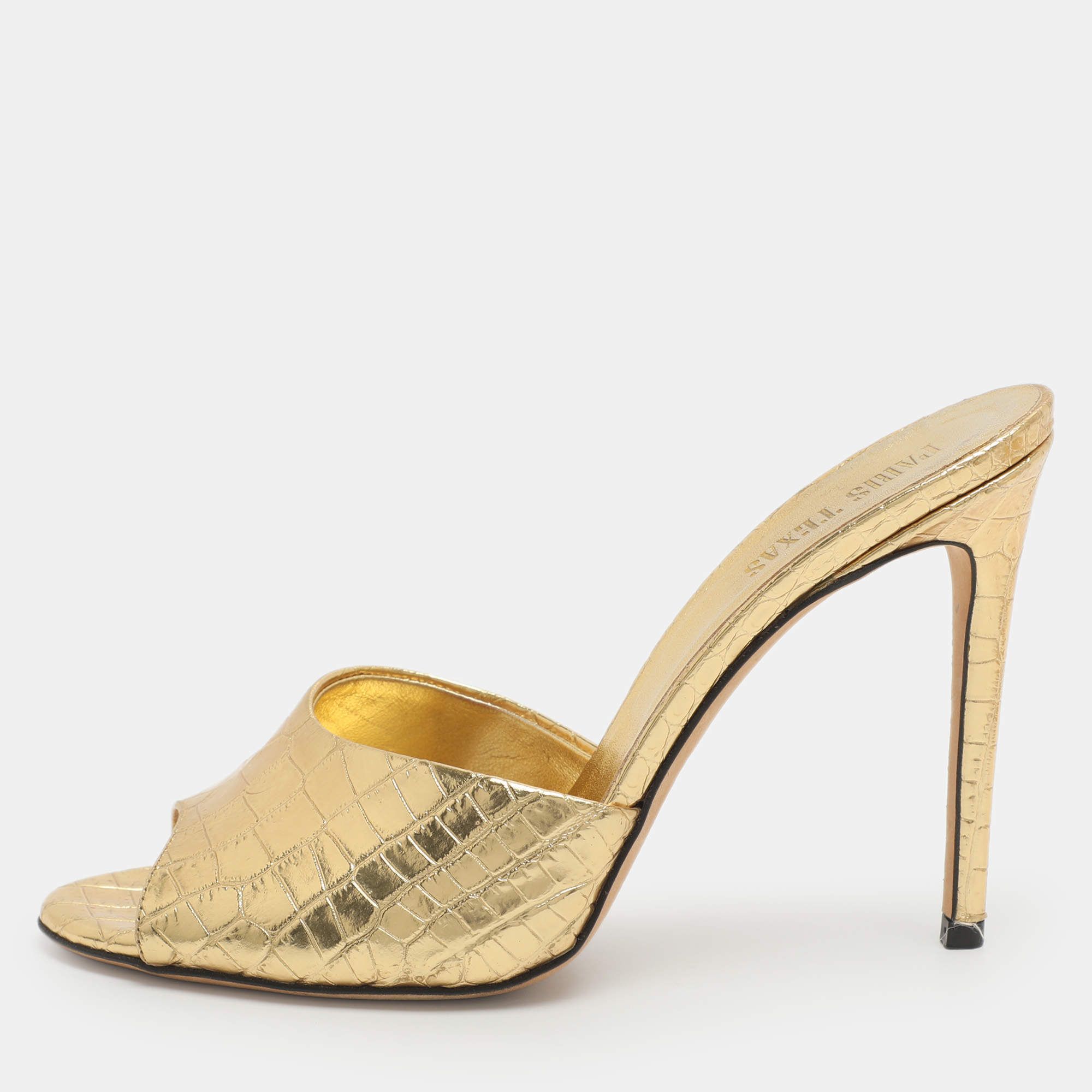 Pre Owned Paris Texas Size 38.5 Gold Metallic Faux Croc Effect Leather Slide Sandals