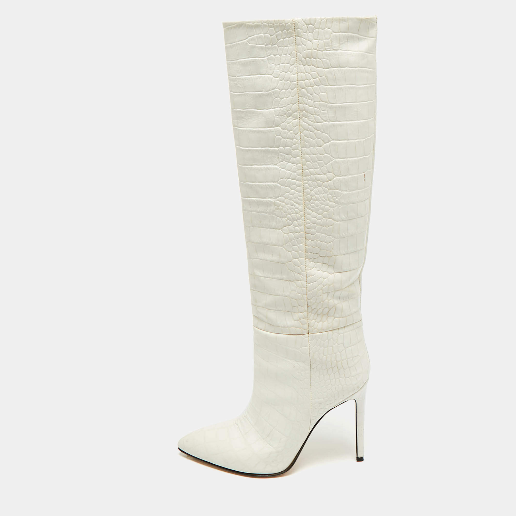 Pre Owned حذاء بوت باريس تكساس منقوش بشكل جلد السحلية بلون كريم بطول الركبة مقاس 39