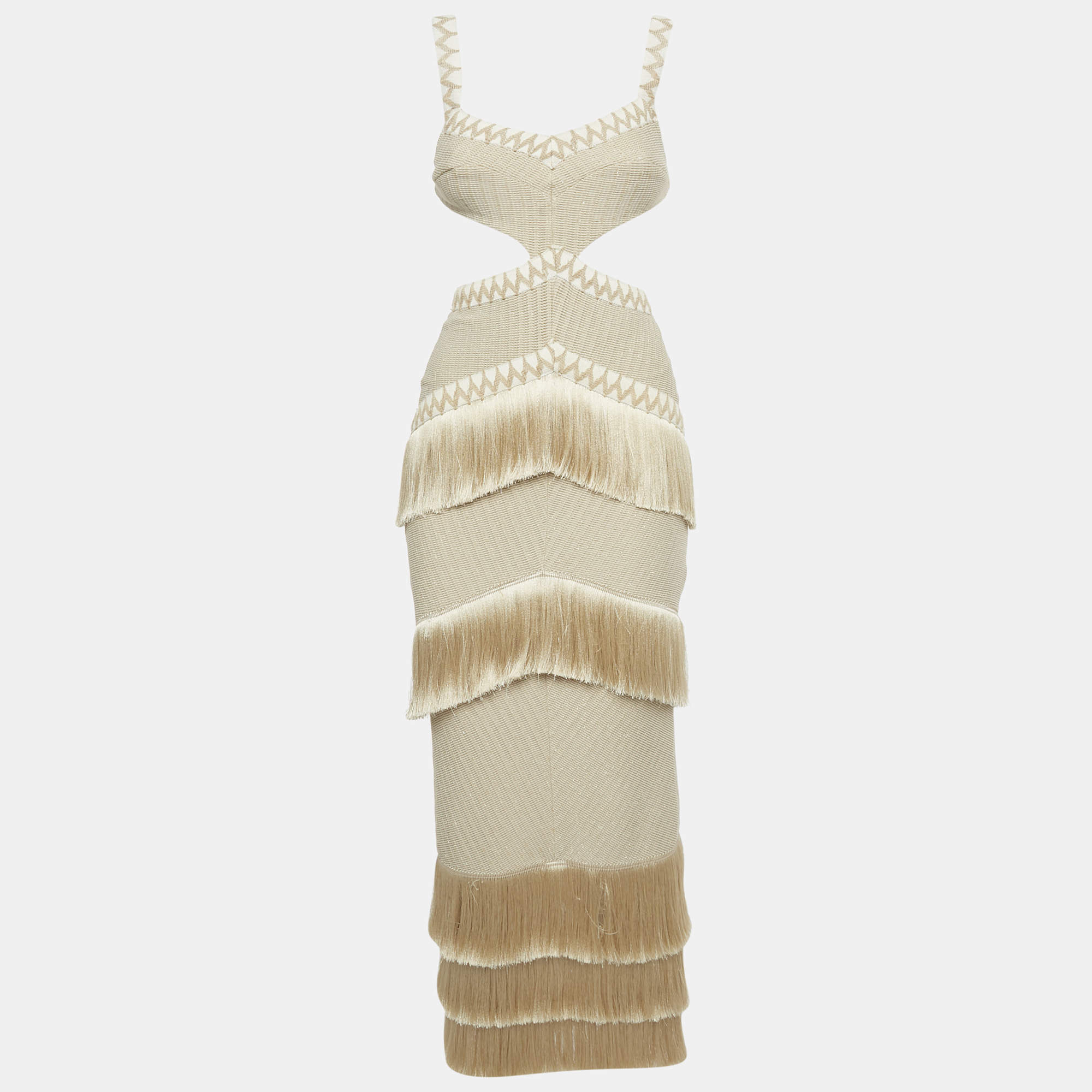 Pre Owned PATBO Beige Metallic Knit Fringe Detail Maxi Dress XS