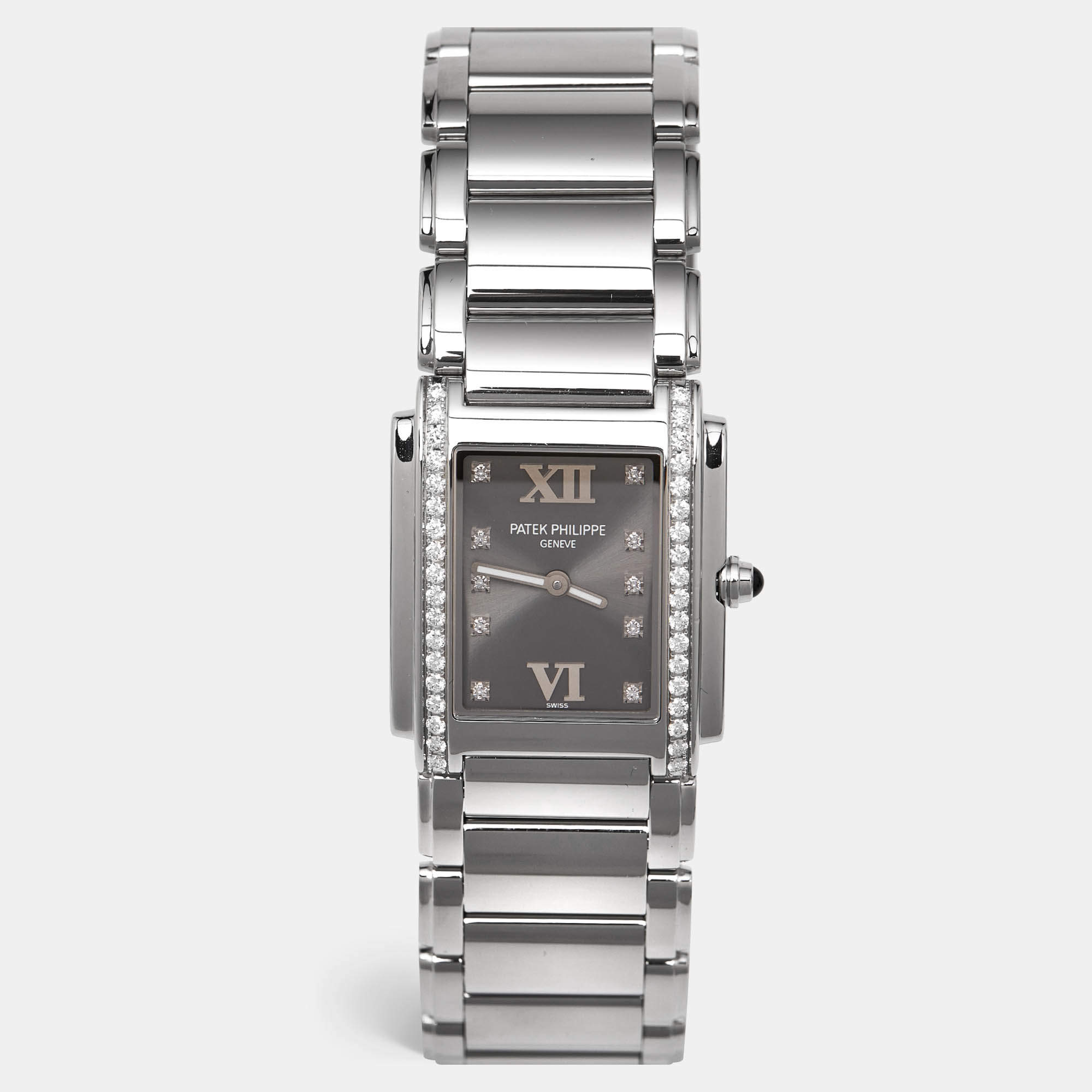 Pre Owned Patek Philippe Grey Stainless Steel Diamonds Twenty-4 4910/10A-010 Women's Wristwatch 25 mm