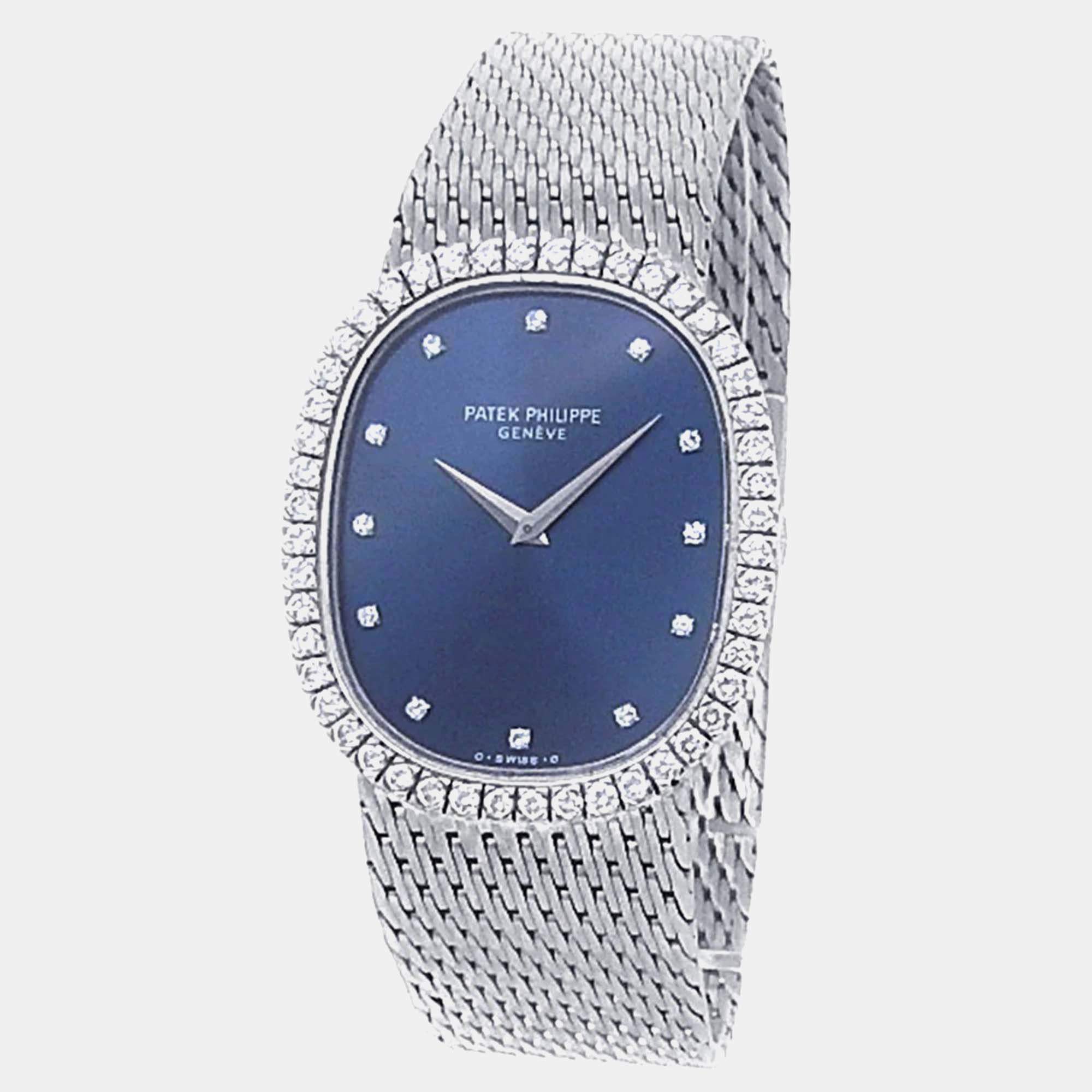 Pre Owned Patek Philippe Golden Ellipse 3748/009 Manual Winding Blue Dial 18k White Gold Diamond Women's Wristwatch 29 mm