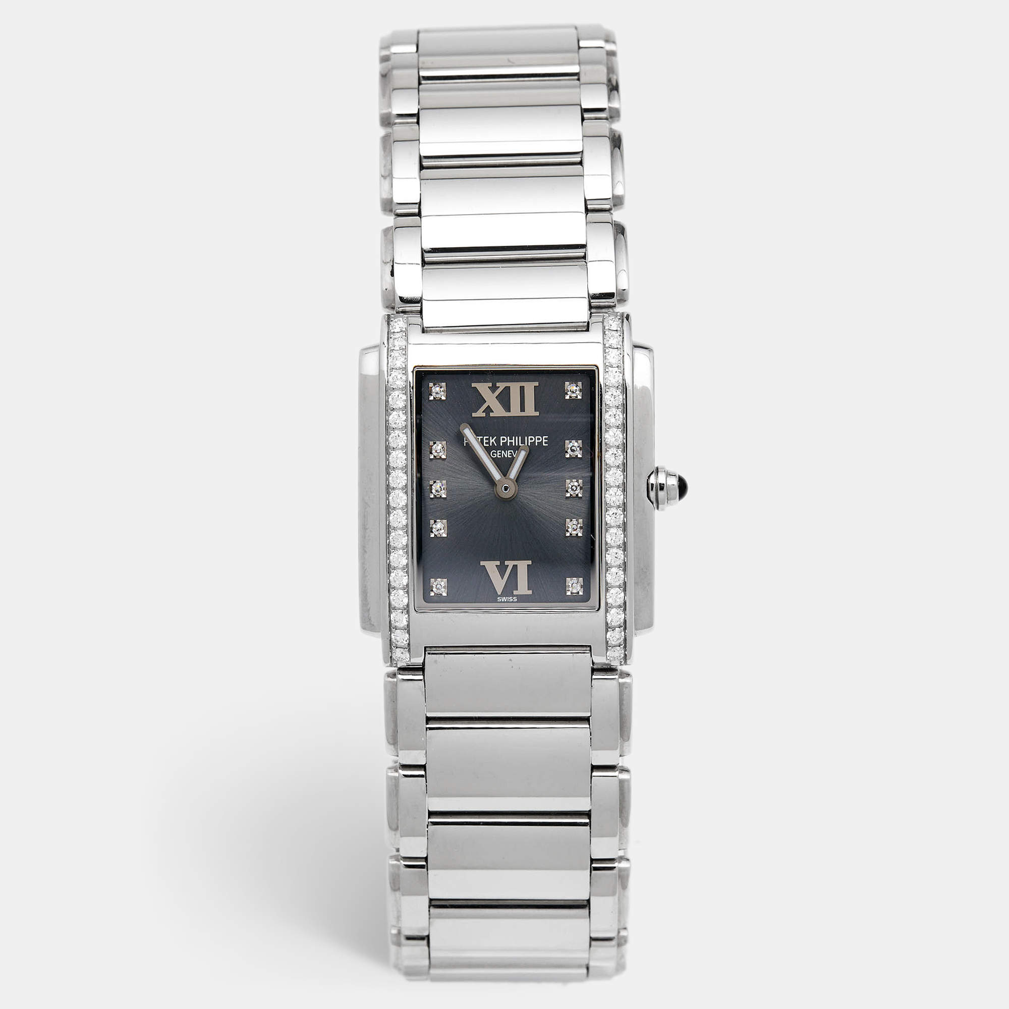 Pre Owned Patek Philippe Grey Stainless Steel Diamonds Twenty-4 4910/10A-010 Women's Wristwatch 25 mm