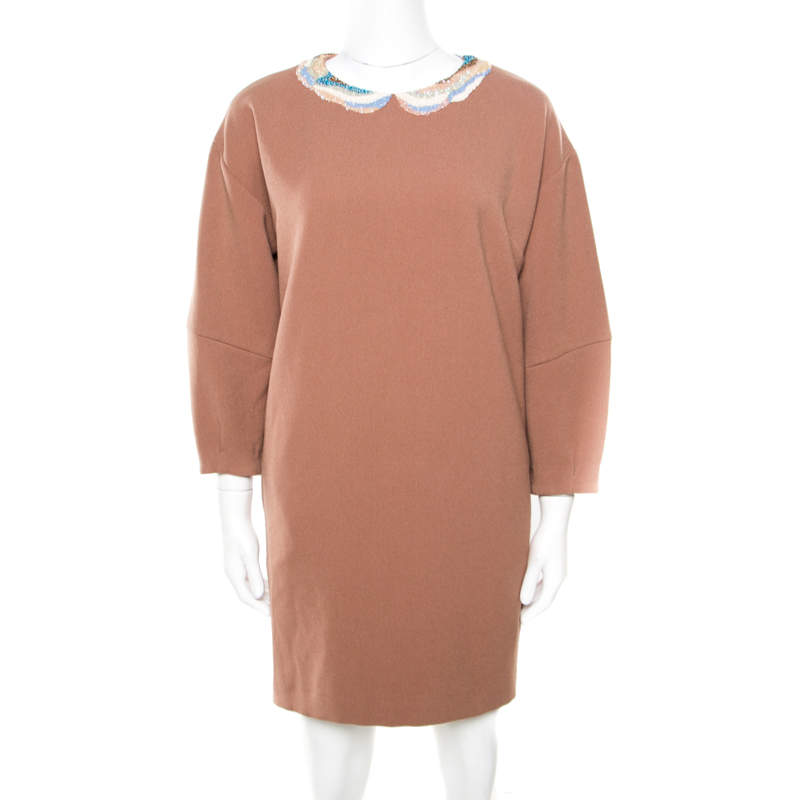 Paul and Joe Brown Embellished Neck Detail Short Sleeve Toutbon Dress S