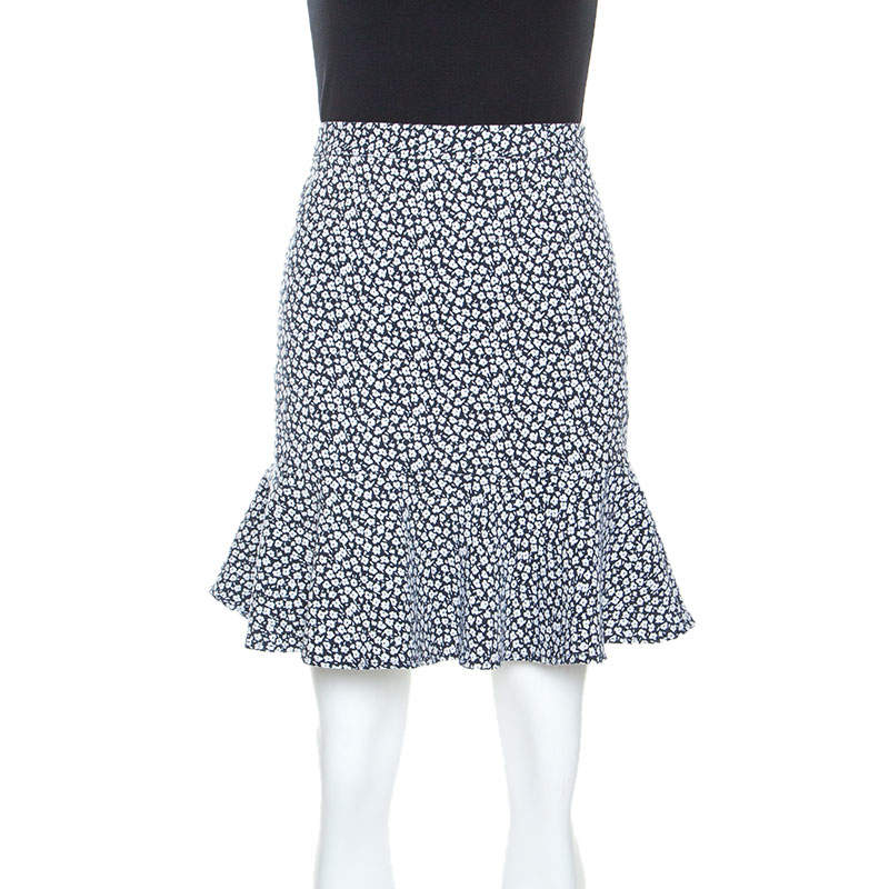 Paul and Joe Navy and White Floral Knit Cotton Blend Ruffle Hem Skirt M 
