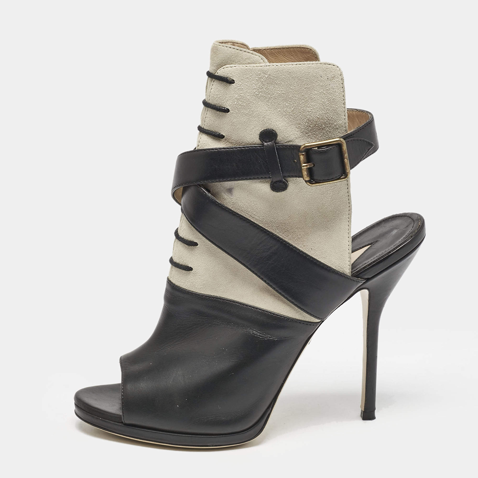 Paul Andrew Black/Grey Leather And Suede Criss Cross Open Toe Ankle Strap Boots  Size 38