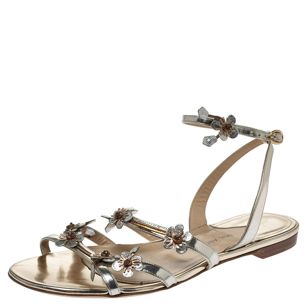 Paul Andrew Metallic Silver Leather Floral Embellished Flat Ankle Strap Sandals Size 40