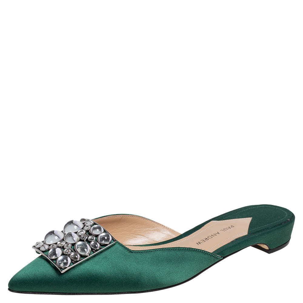Paul Andrew Green Satin Crystal Embellished Mule Flats Size 38