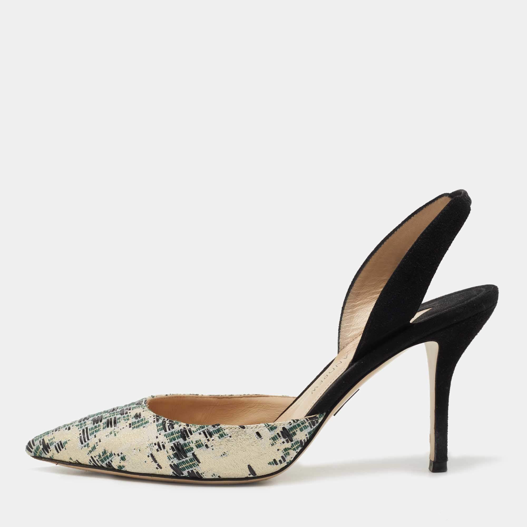 Paul Andrew Tricolor Woven Fabric and Suede Slingback Pumps Size 37