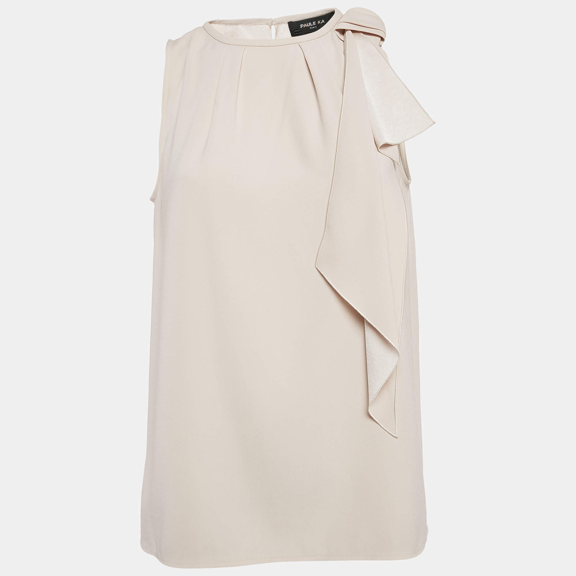Paule Ka Beige Satin Bow Detail Sleeveless Top M