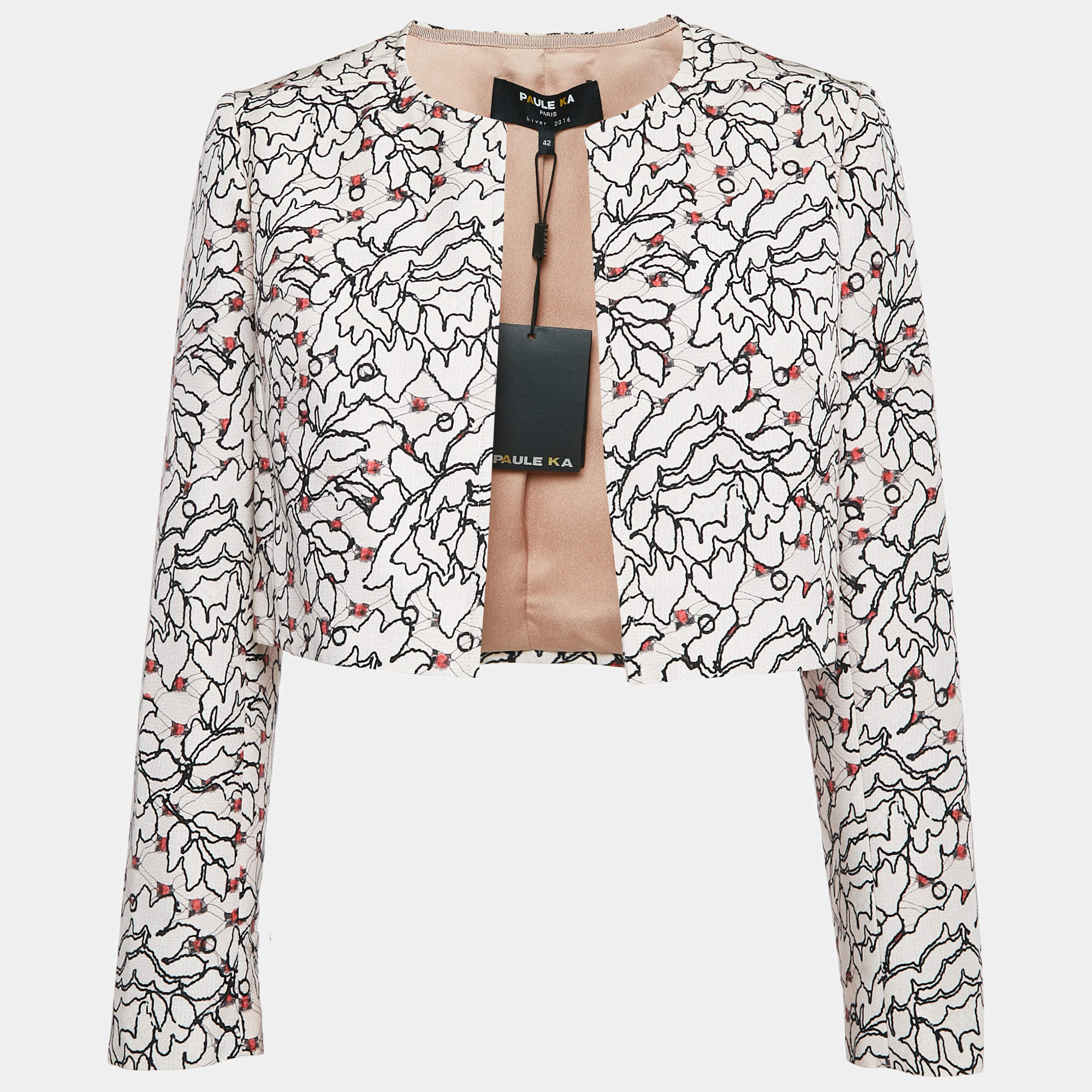 Paule Ka Pink Printed Cotton Blend Open Front Cropped Jacket L