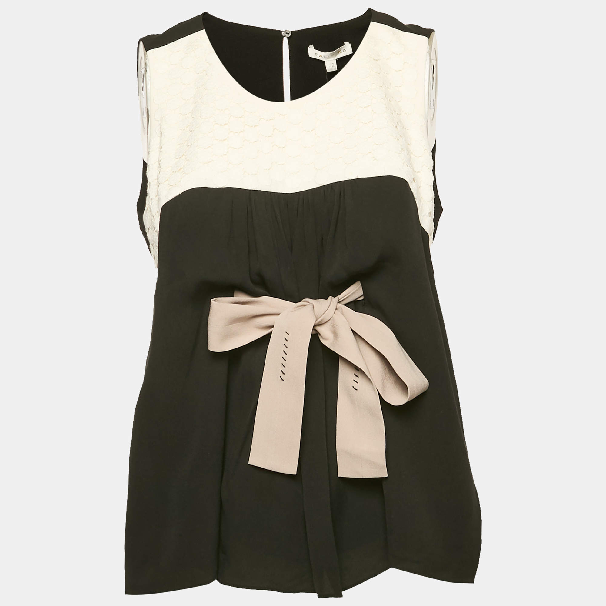 Paule Ka Black Lace Trim Silk Sleeveless Top L