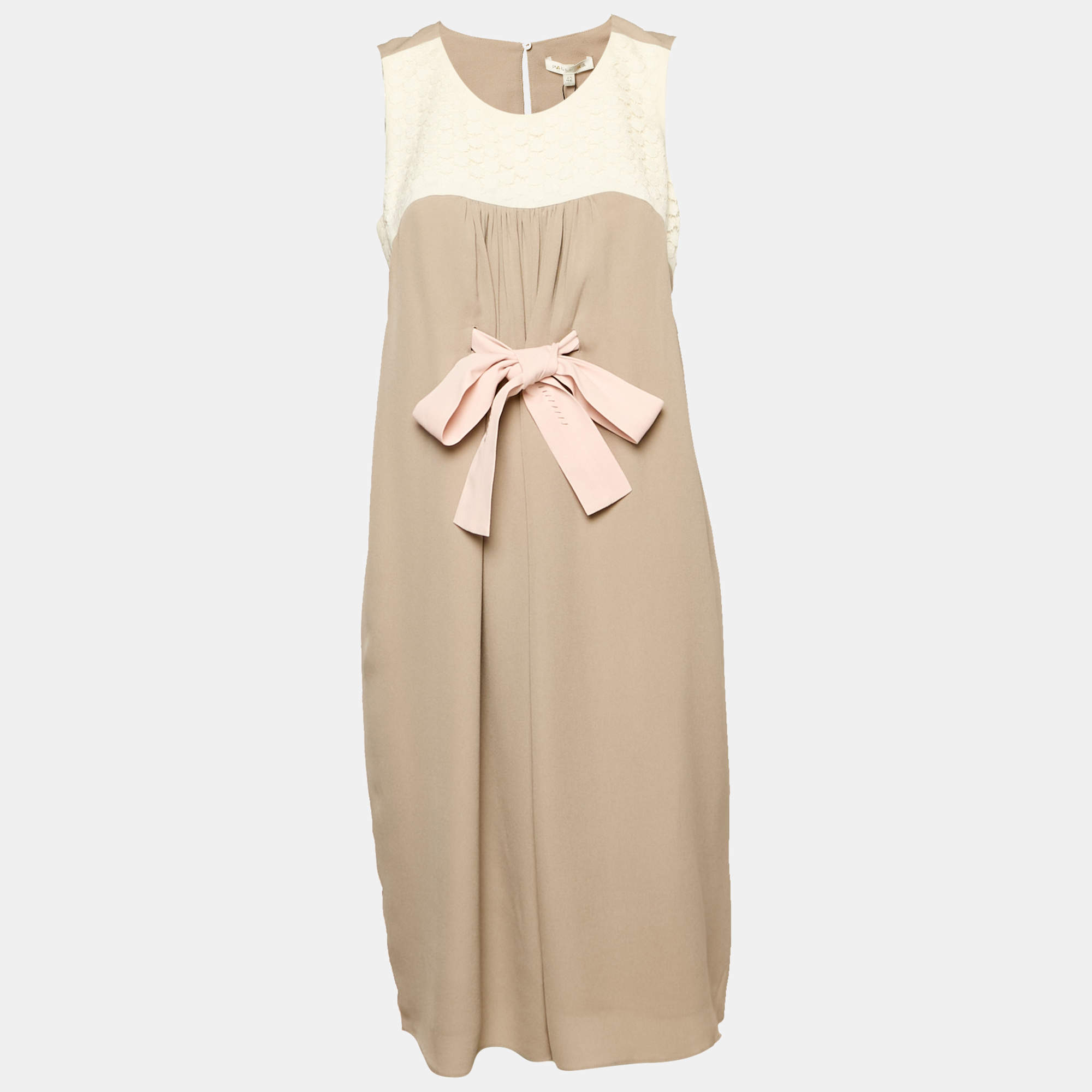 Paule Ka Grey Lace Trim Silk Sleeveless Shift Dress L