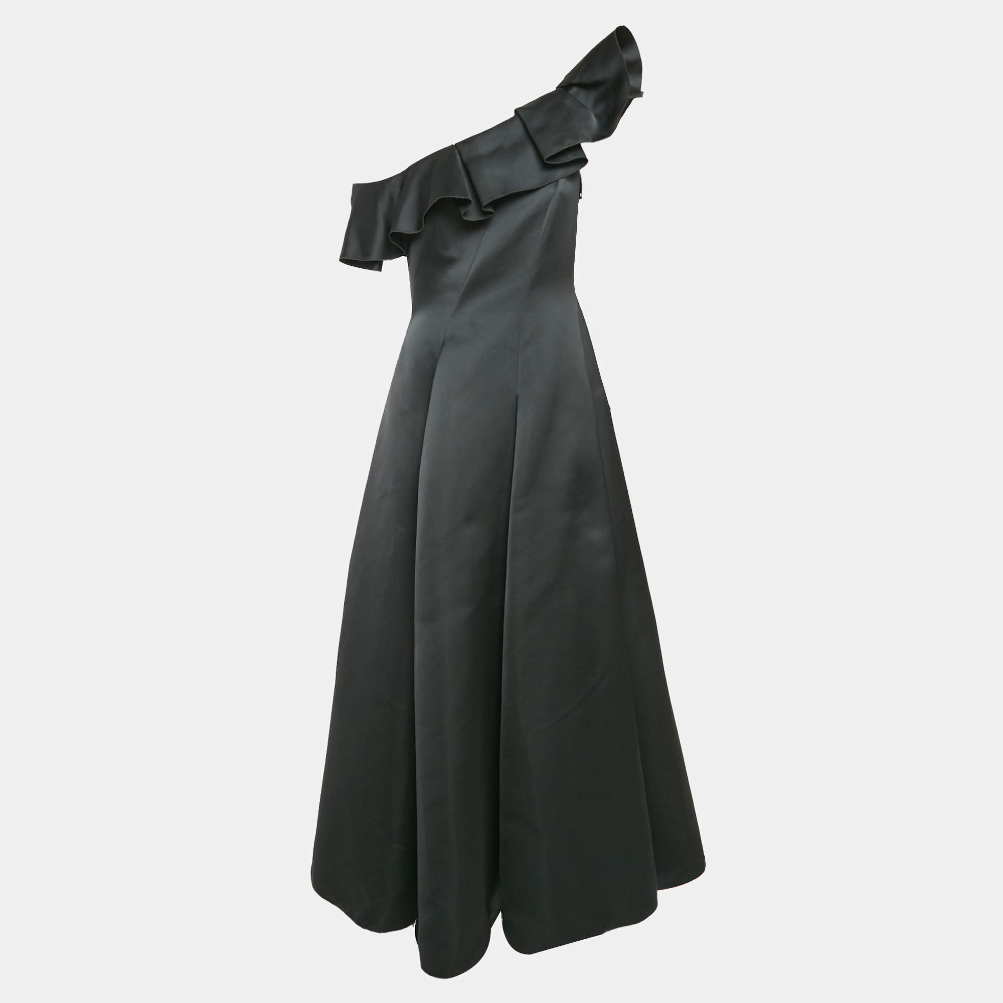 Paul Ka Black Paneled Satin Ruffle Detail Gown M