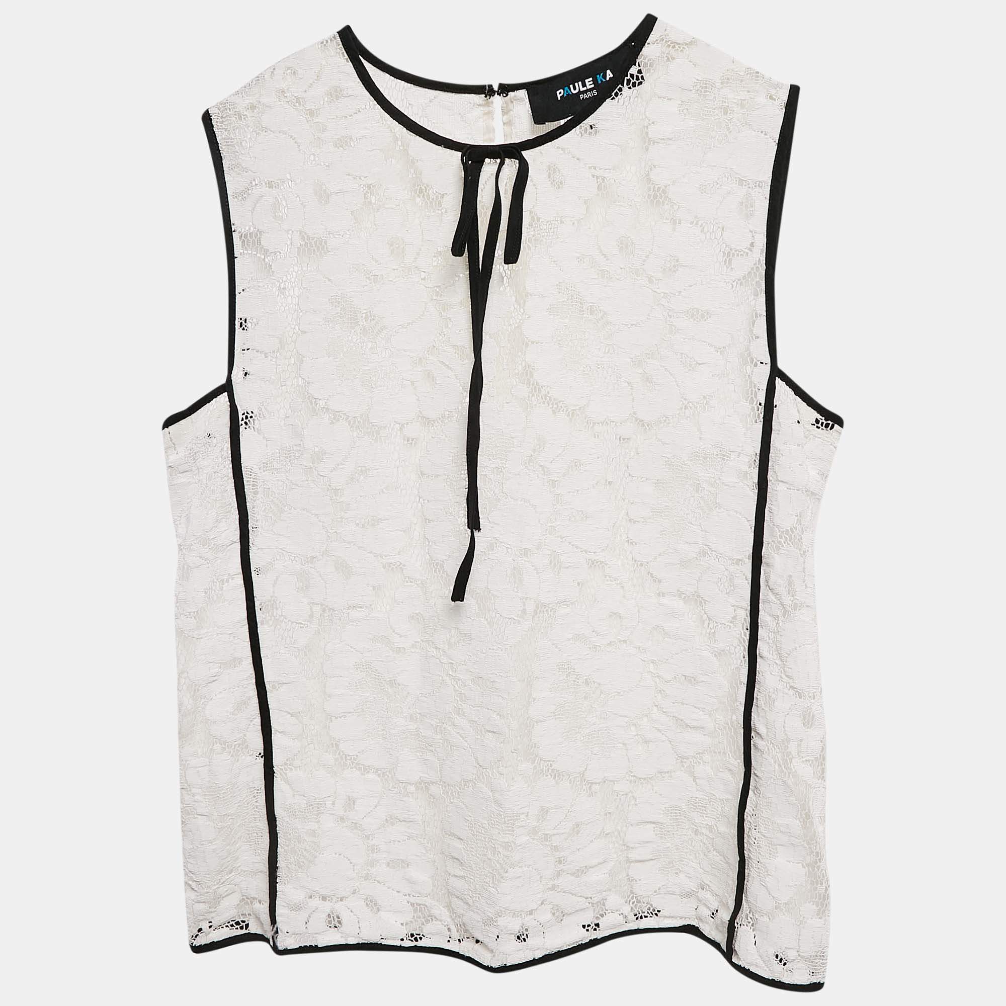 Paule Ka White Floral Lace Sleeveless Top M