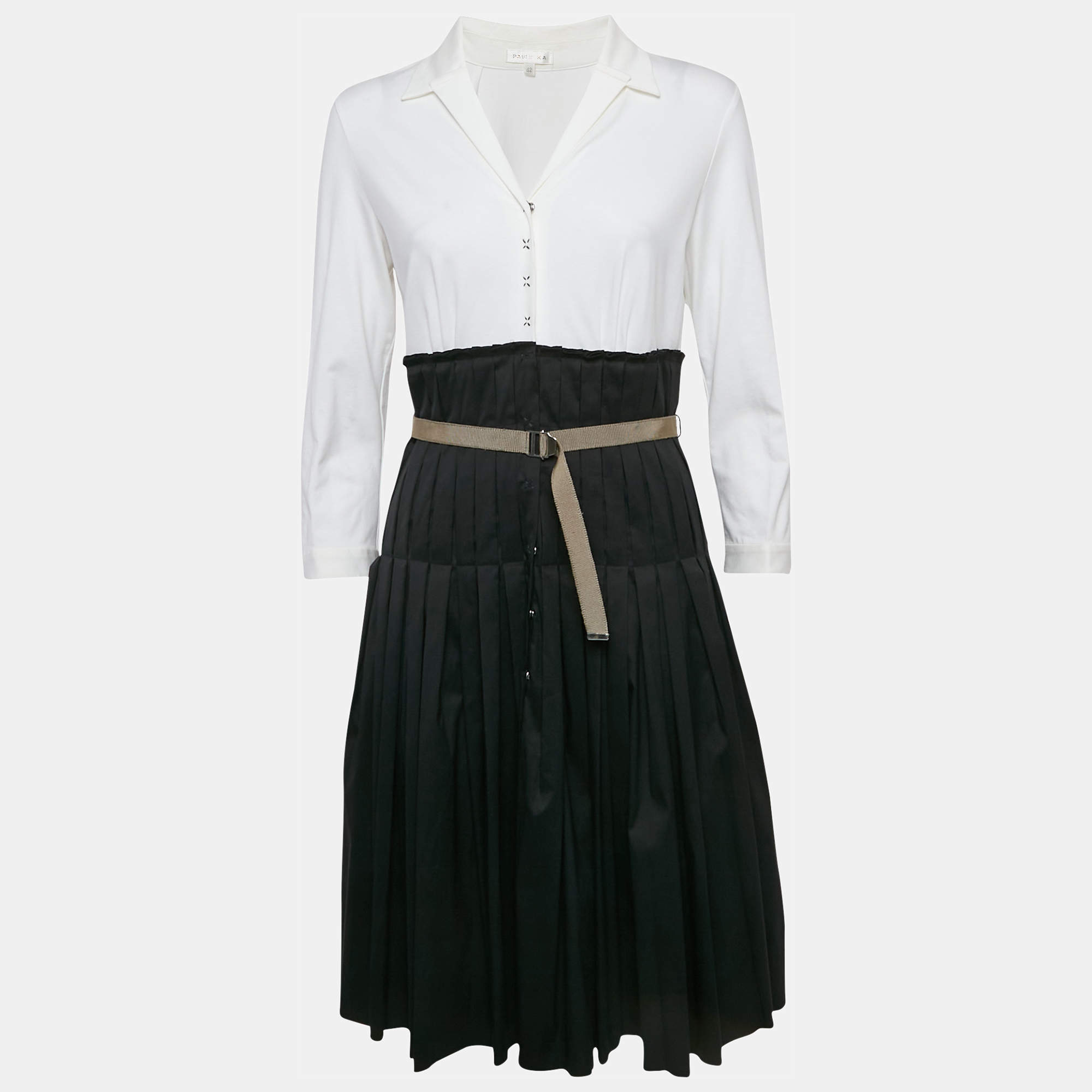Paule Ka Black & White Cotton Pleated Detail Midi Dress M
