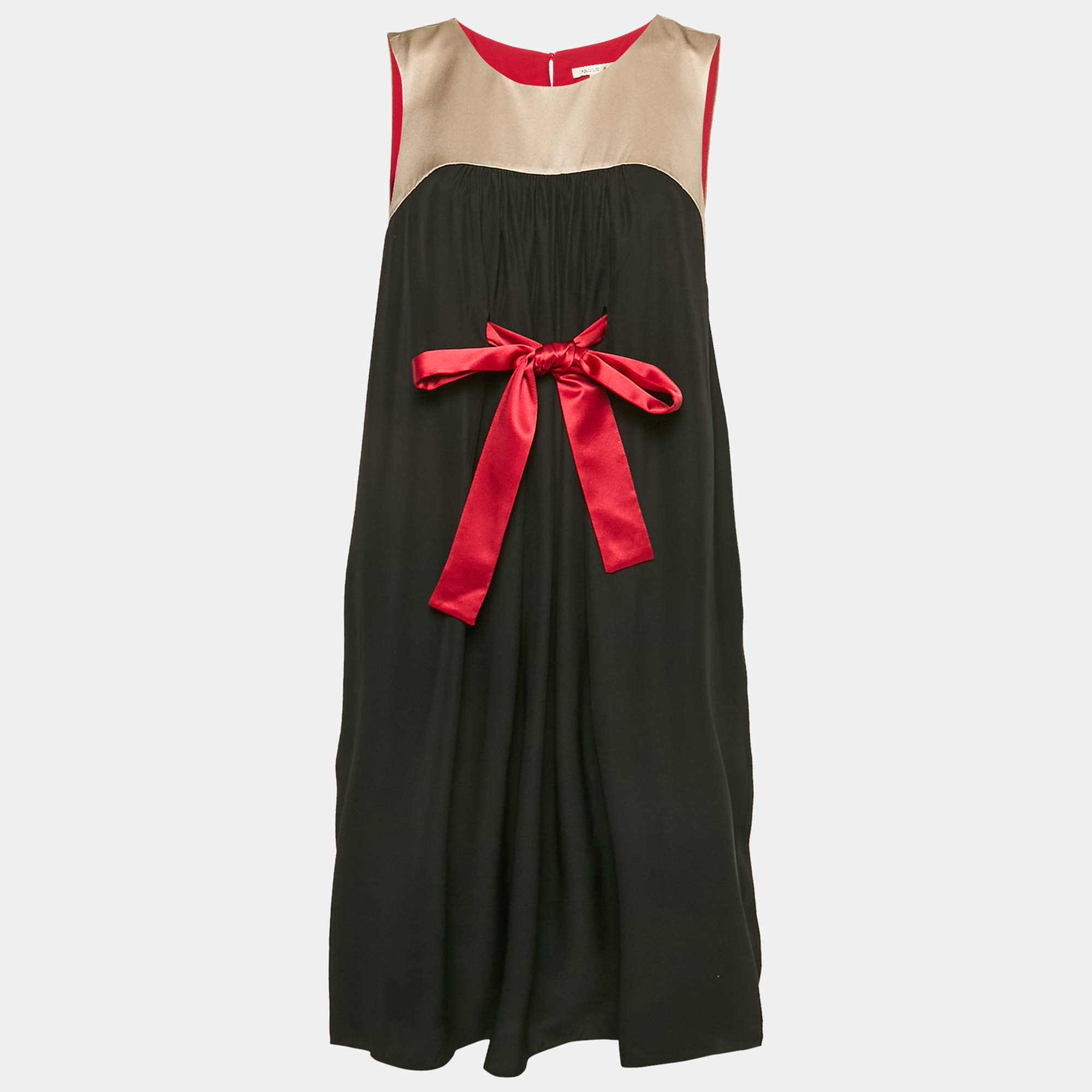 Paule Ka Black Gathered Silk Mini Sleeveless Shift Dress S