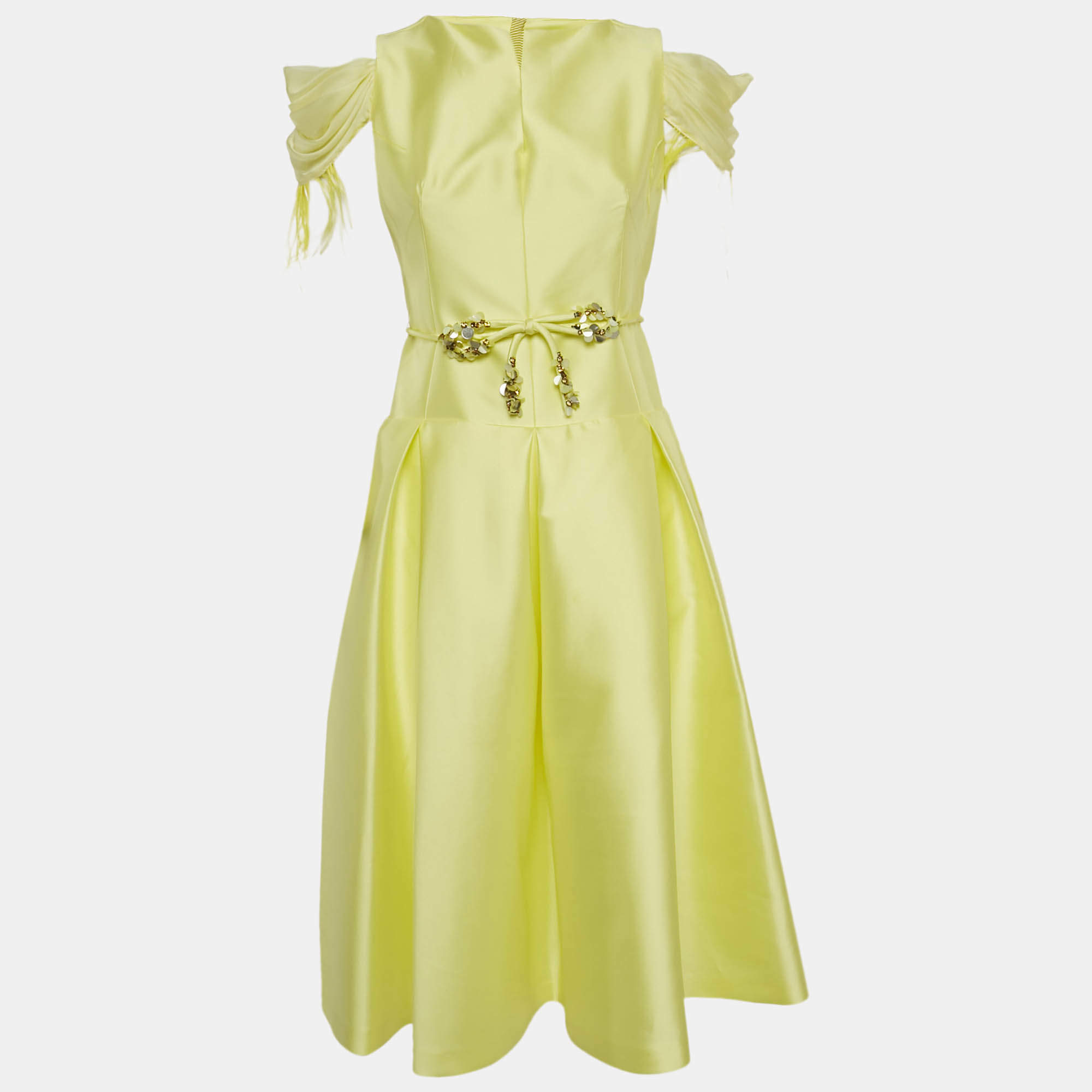 Pre Owned Paule Ka Yellow Feather Trim Taffeta Bow Detail Midi Dress M