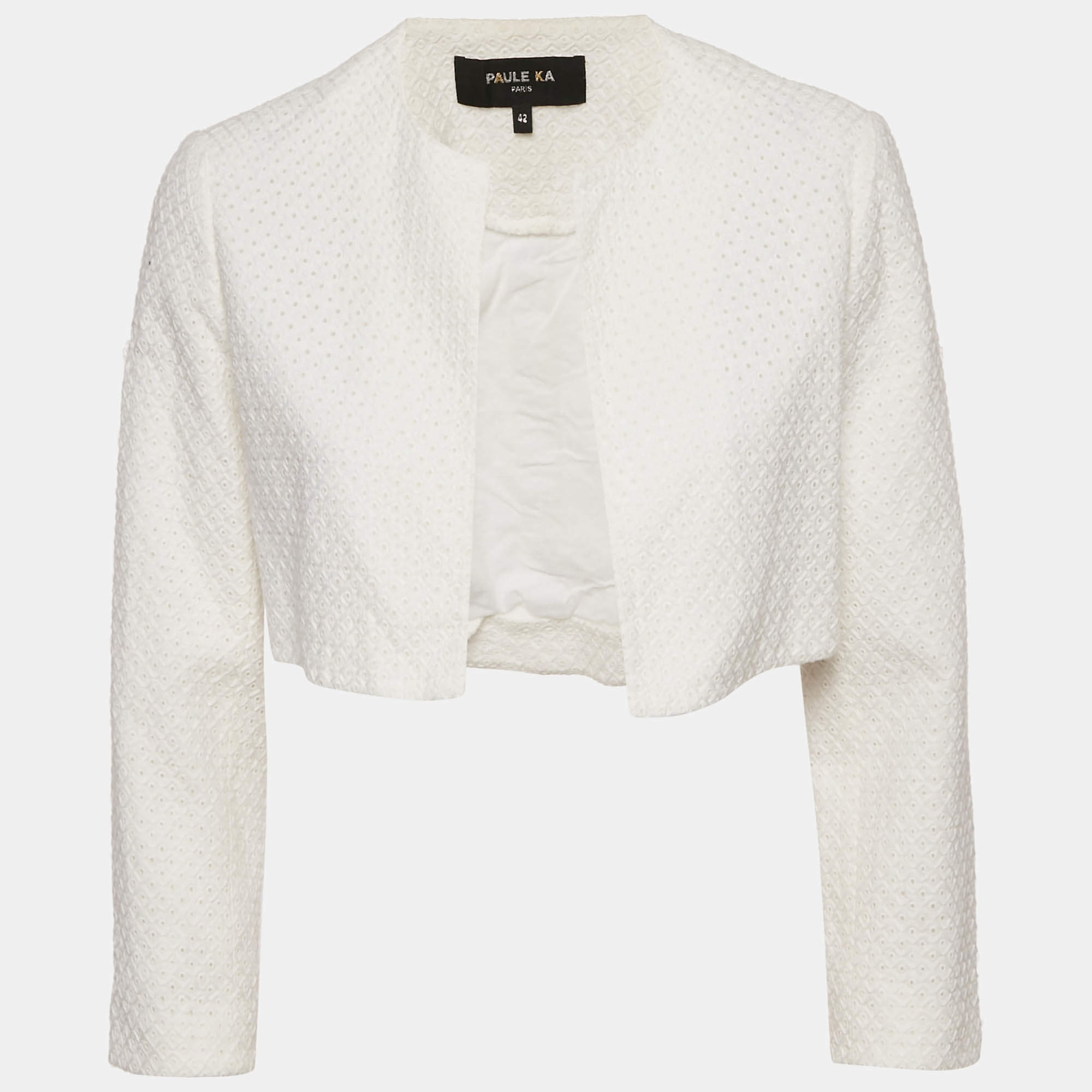 Pre Owned Paule Ka White Broderie Anglaise Cotton Crop Jacket L