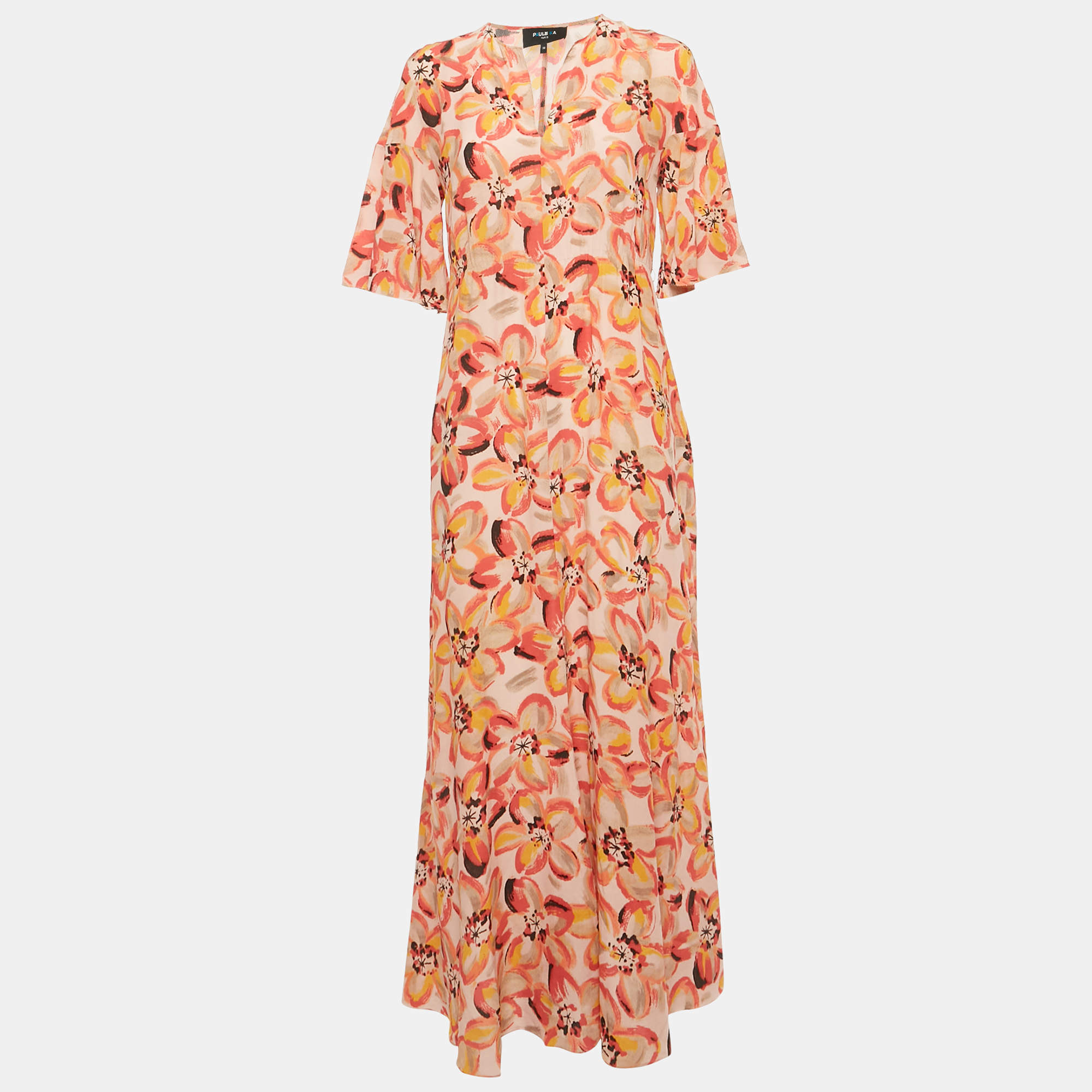 Pre Owned Paule Ka Pink Floral Print Silk Ruffled Sleeve Maxi Dress M    