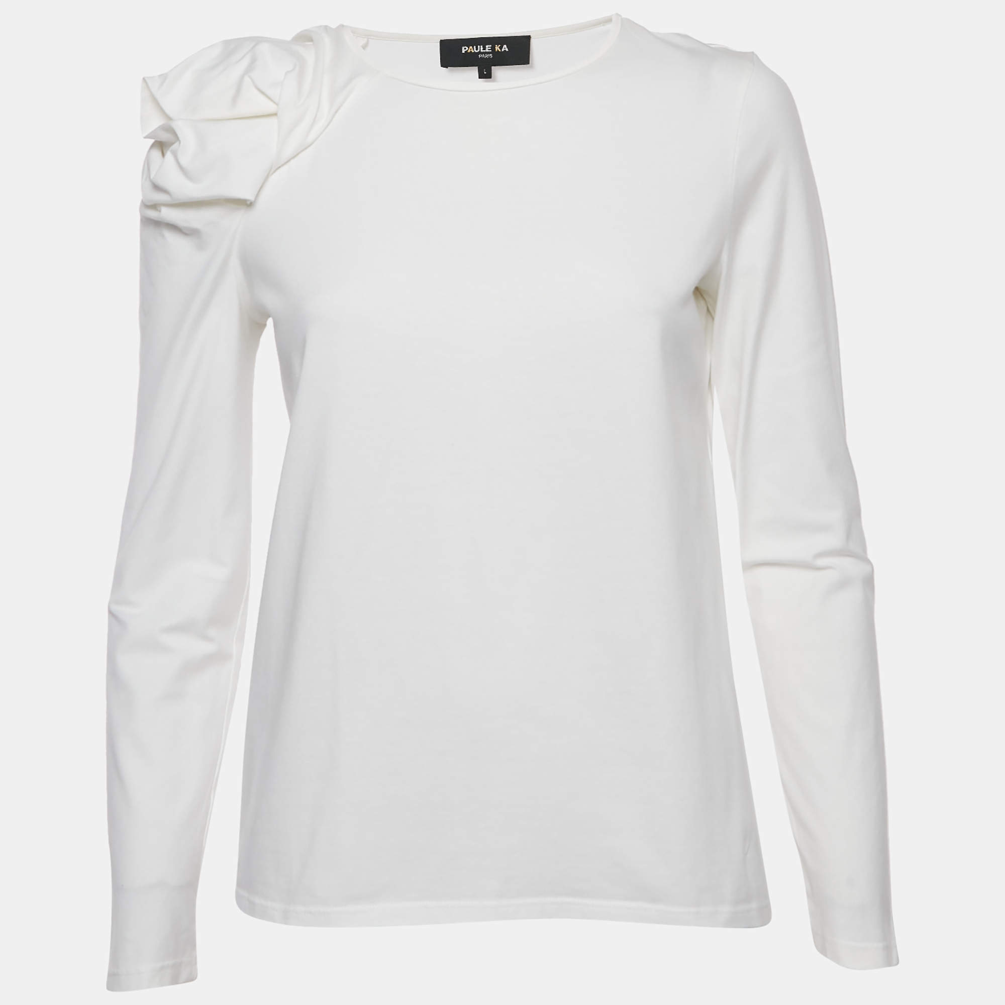 Pre Owned Paule Ka White Jersey Puff Sleeve Top L
