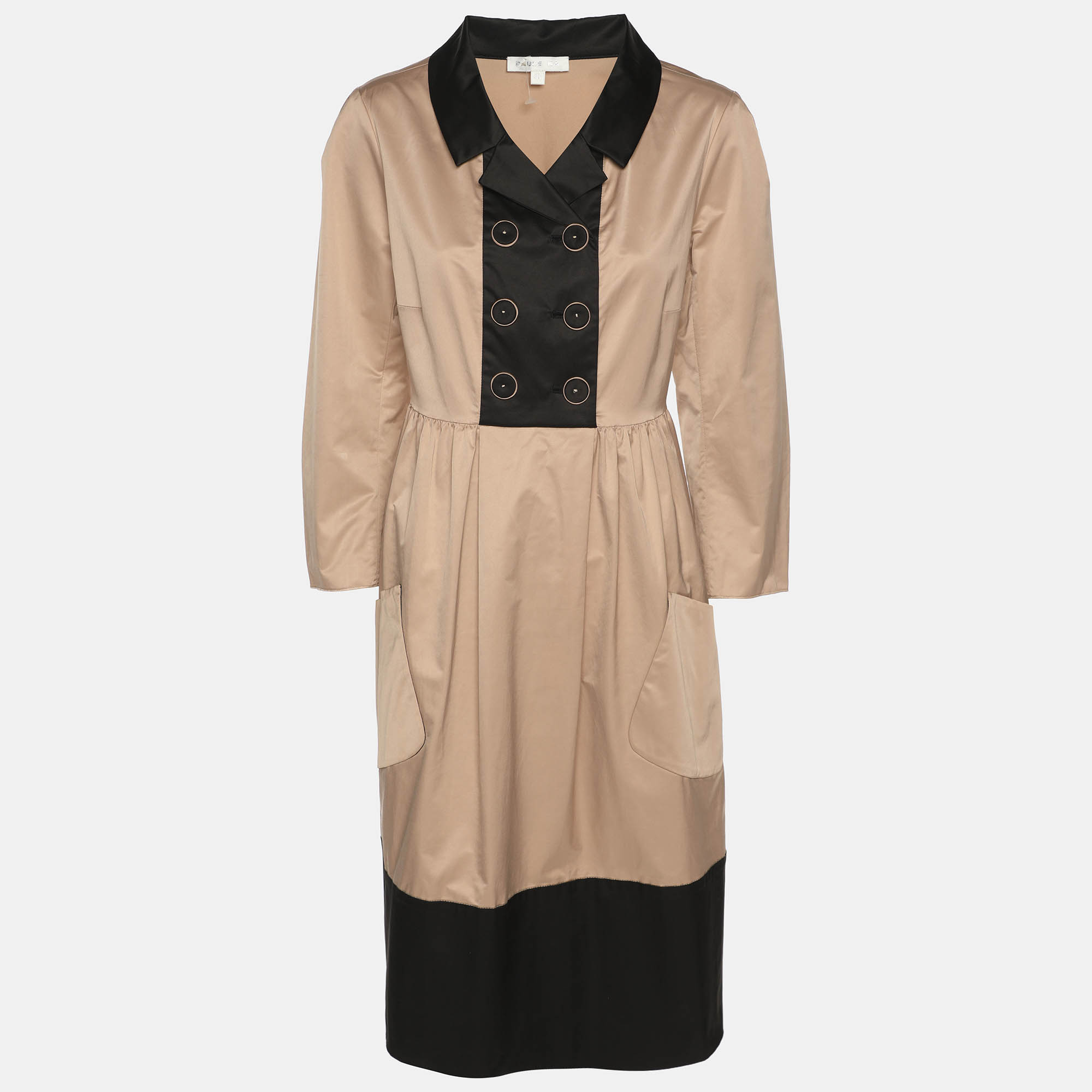 Pre Owned Paule Ka Beige/Black Satin Long Sleeve Shirt Midi Dress M