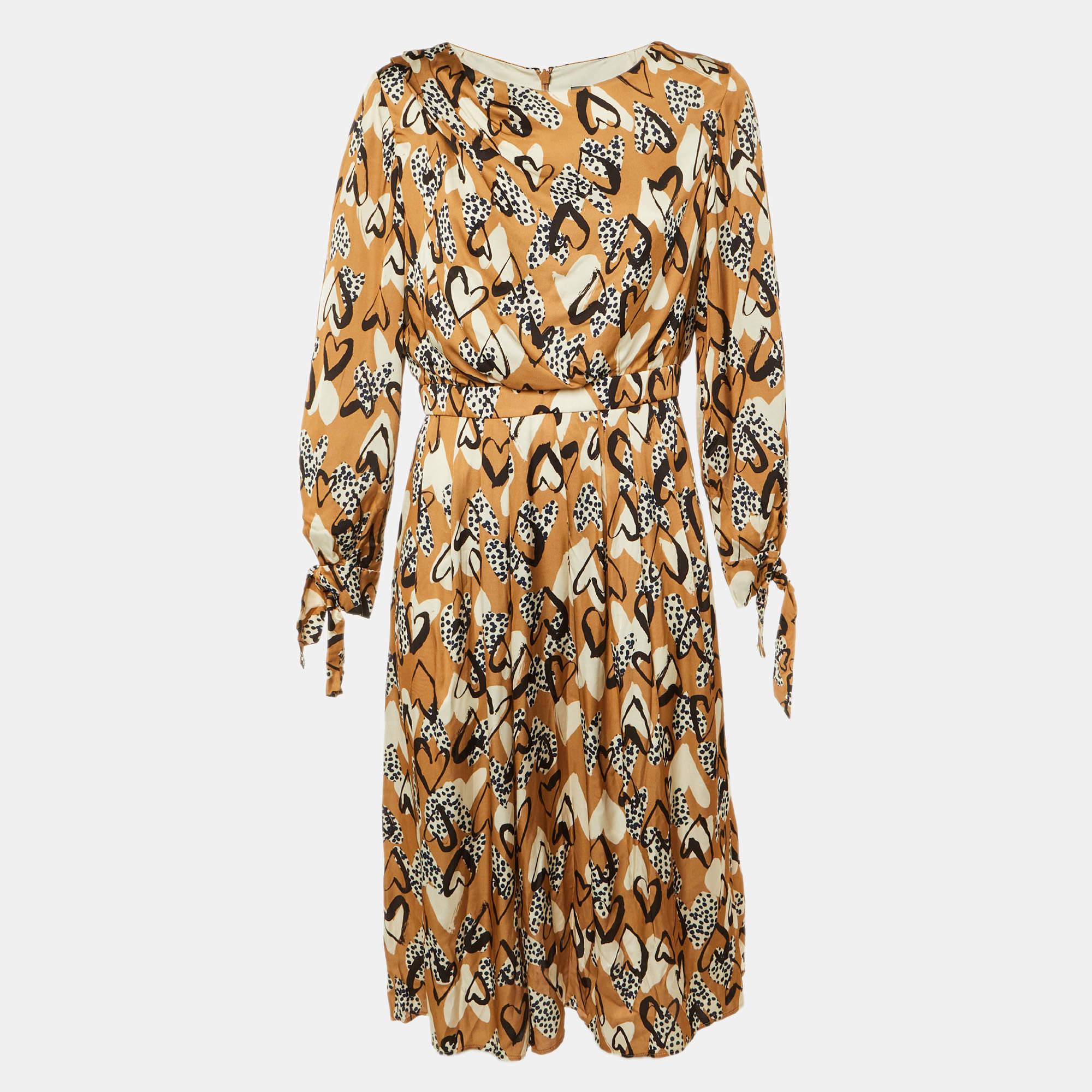 Pre Owned Paule Ka Brown Heart Print Satin Midi Dress L